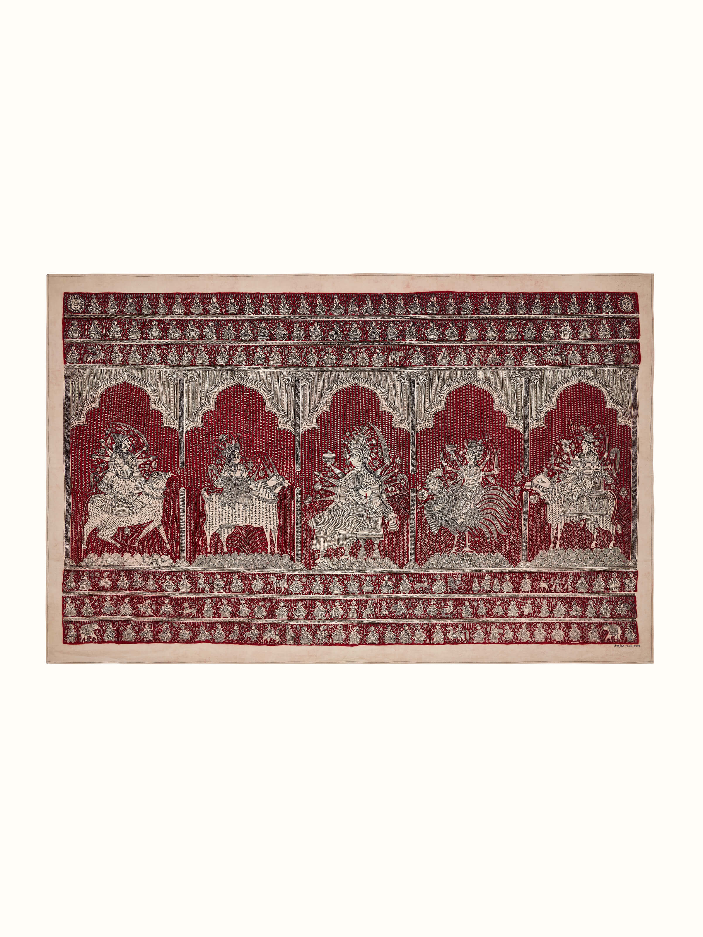 Front view of Mata Ni Pachedi Artwork, showcasing vibrant colors and intricate detailing.