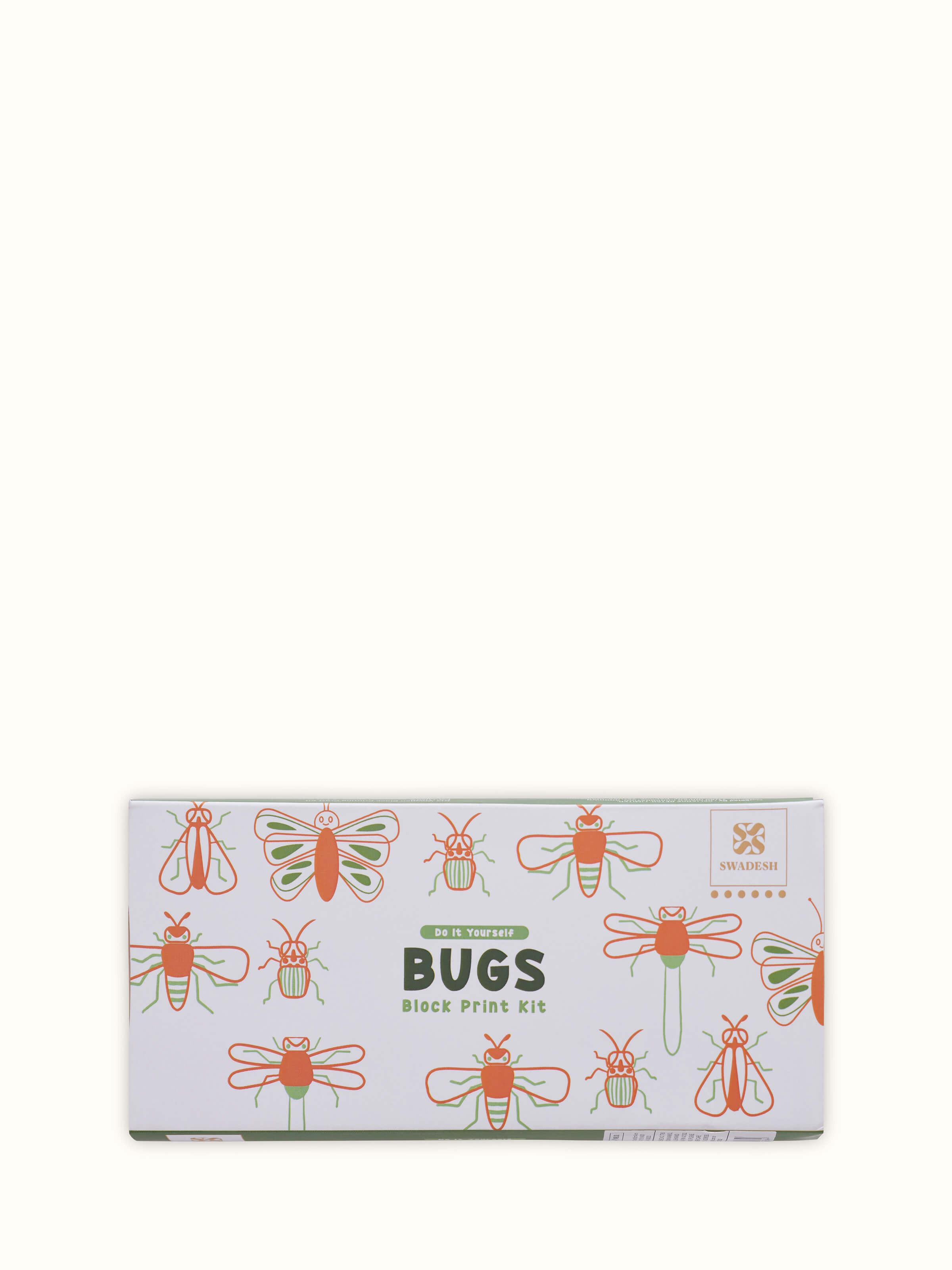 Front view of Block painting DIY kit featuring bugs on white paper, including painting supplies and designs