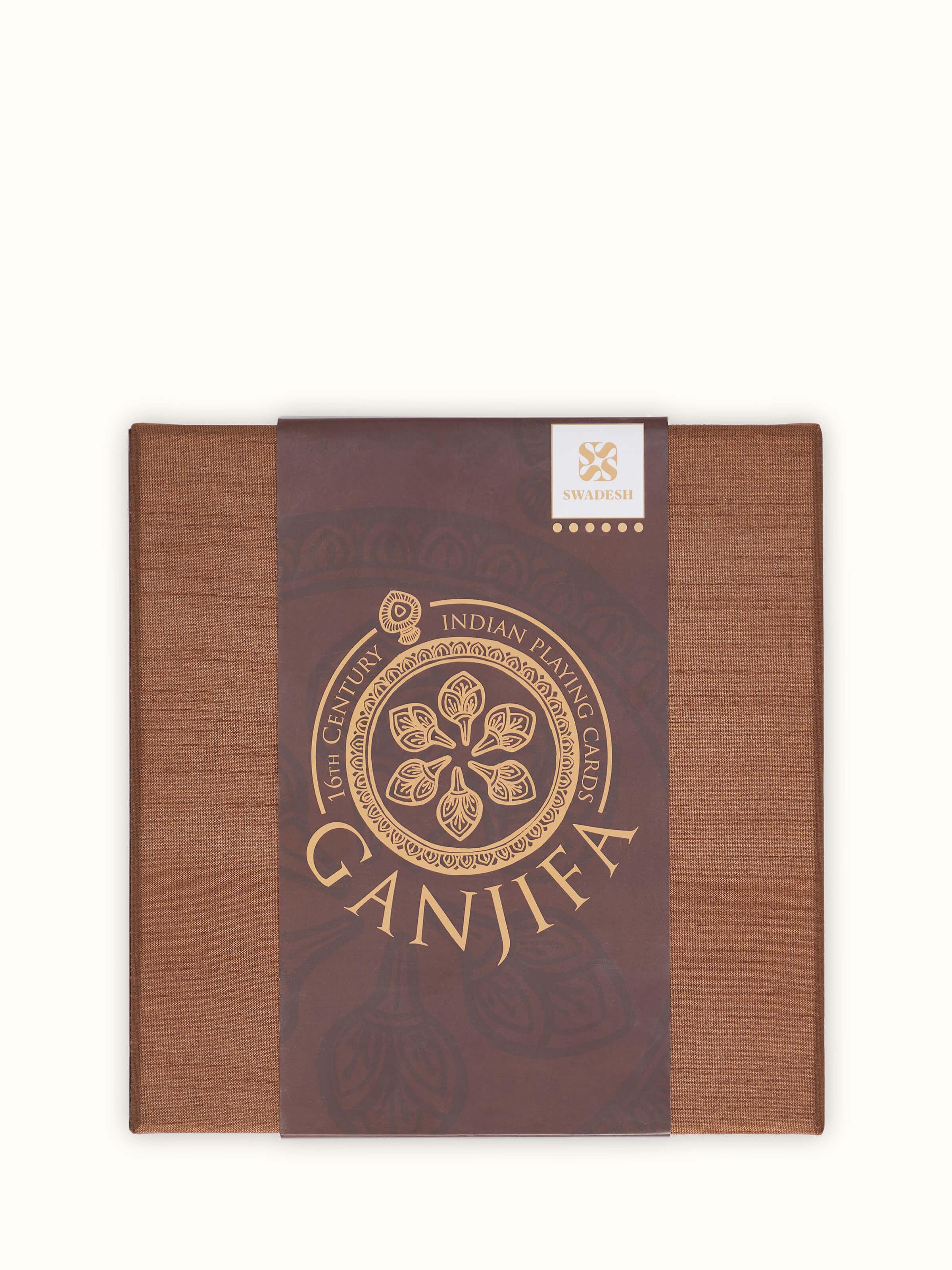 Front view of Ganjifa Dashavatar cards in brown, featuring traditional card designs and vibrant colors.