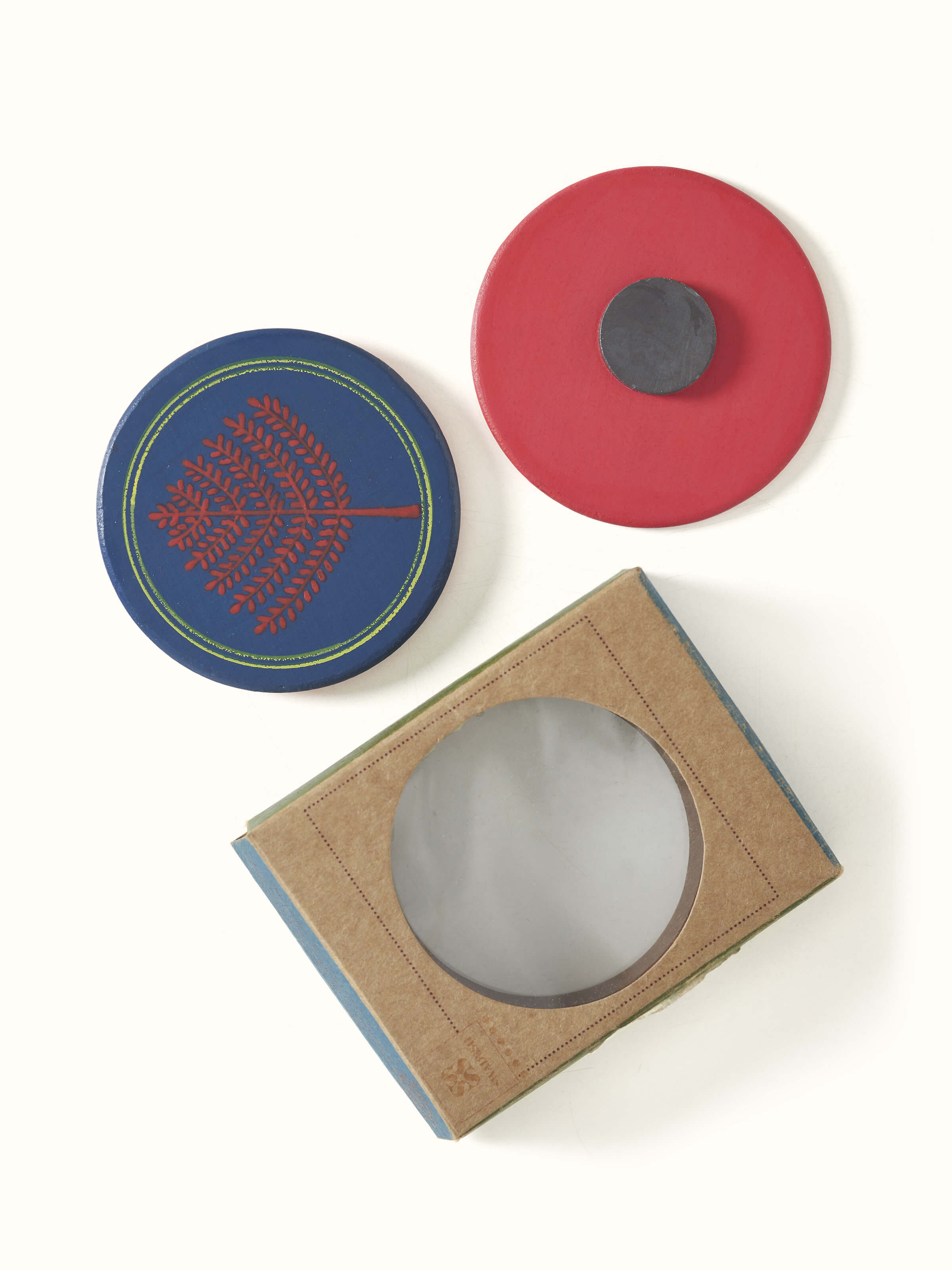 Back view of Pattachitra tree of life fridge magnets showing the natural finish