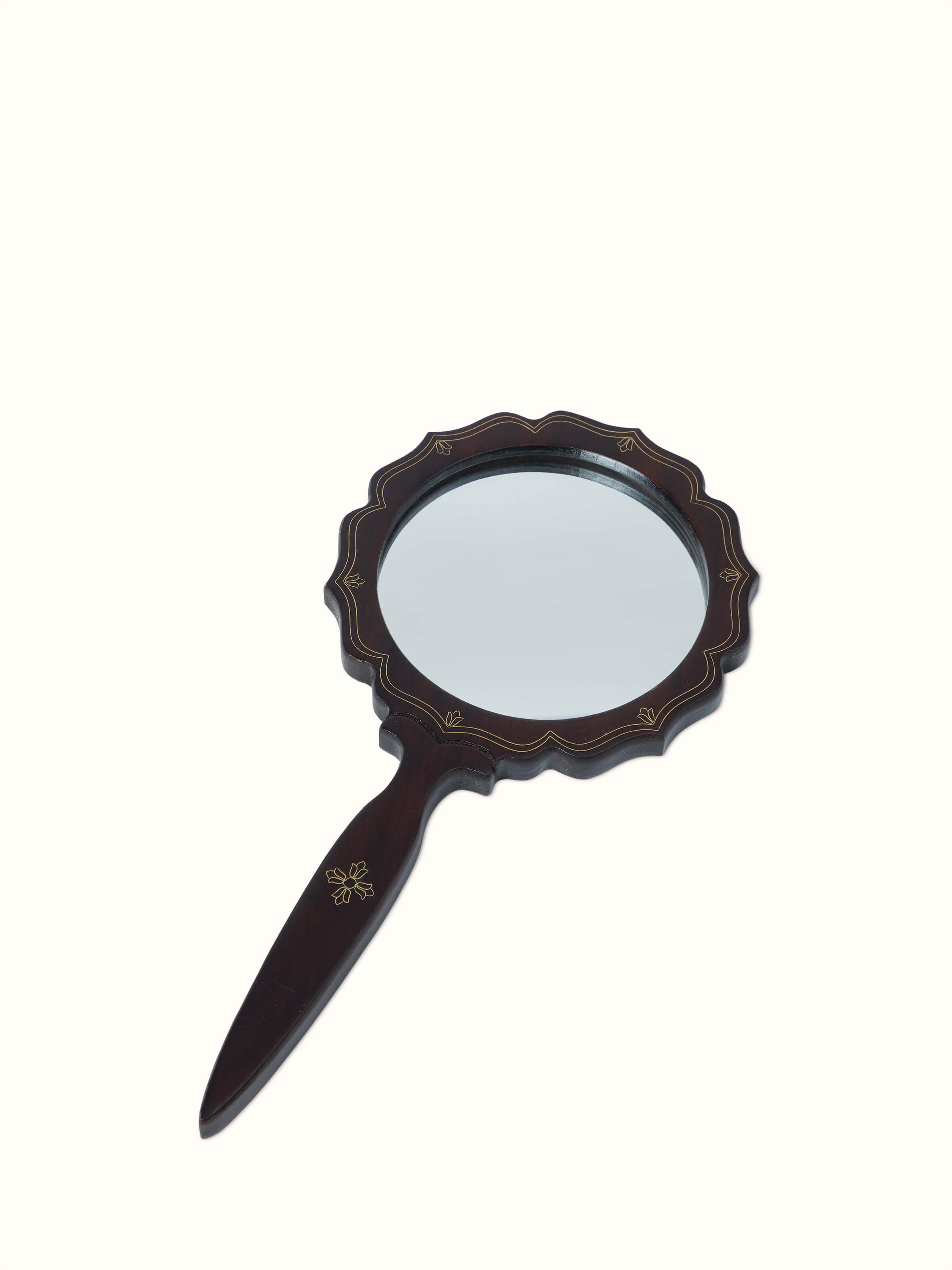 Front view of Tarkashi sheesham wood & brass inlaid mirror in brown color, highlighting the detailed brass inlay and wood grain.