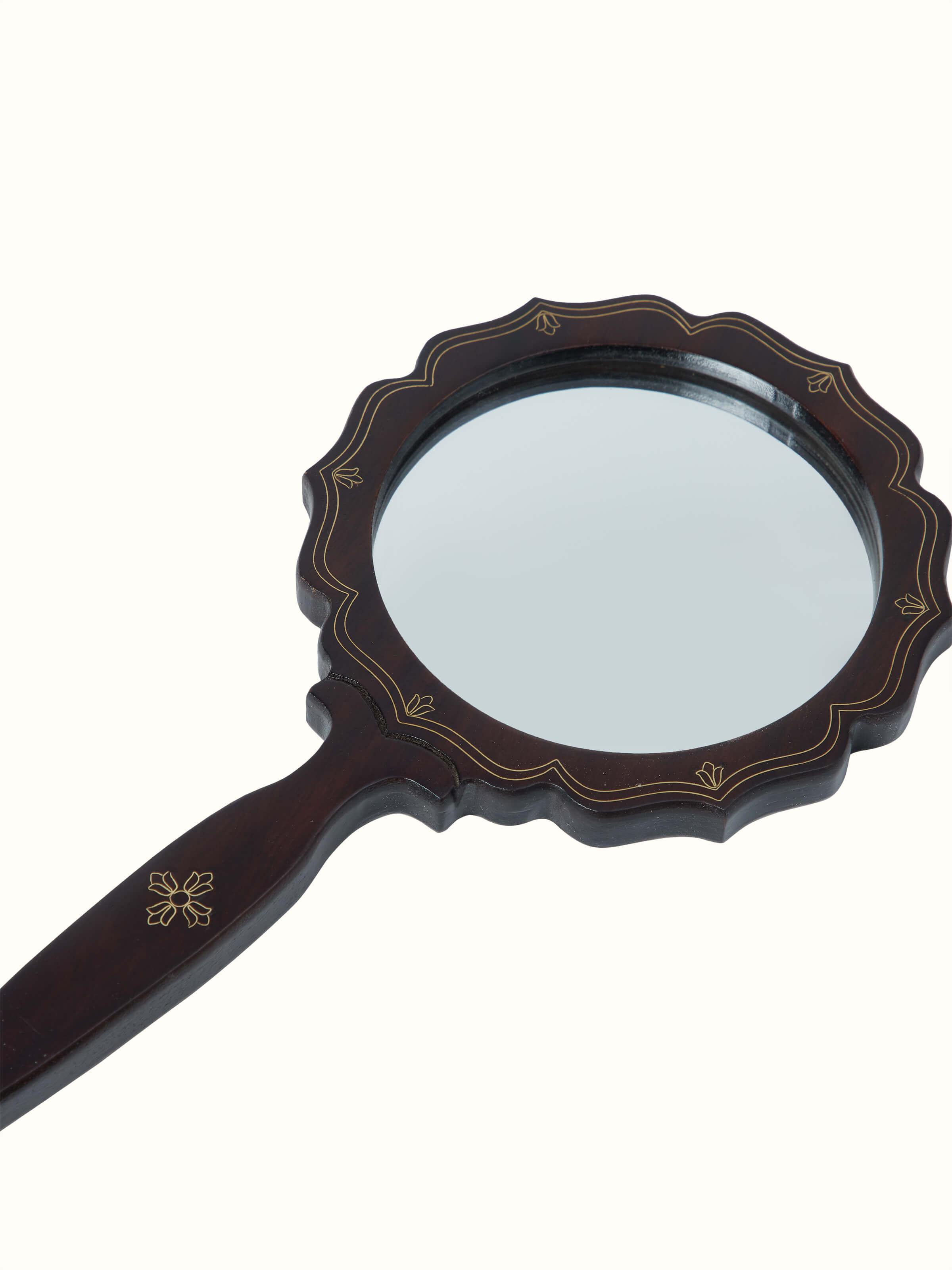 Side view of Tarkashi sheesham wood & brass inlaid mirror in brown color, showcasing the intricate inlay work and design.