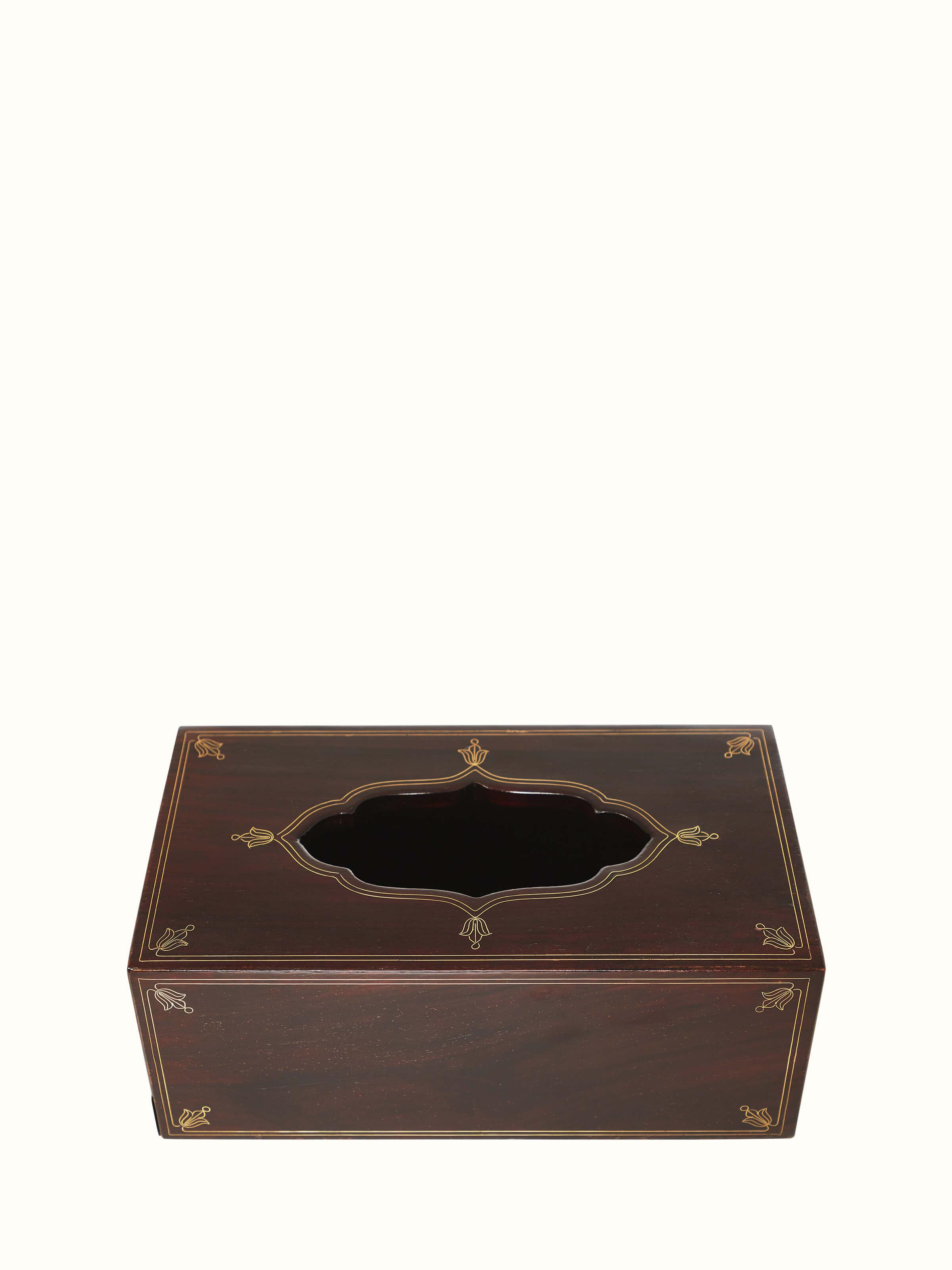 Front view of Polished tarkashi sheesham wood & brass inlaid tissue box showcasing intricate inlay work.