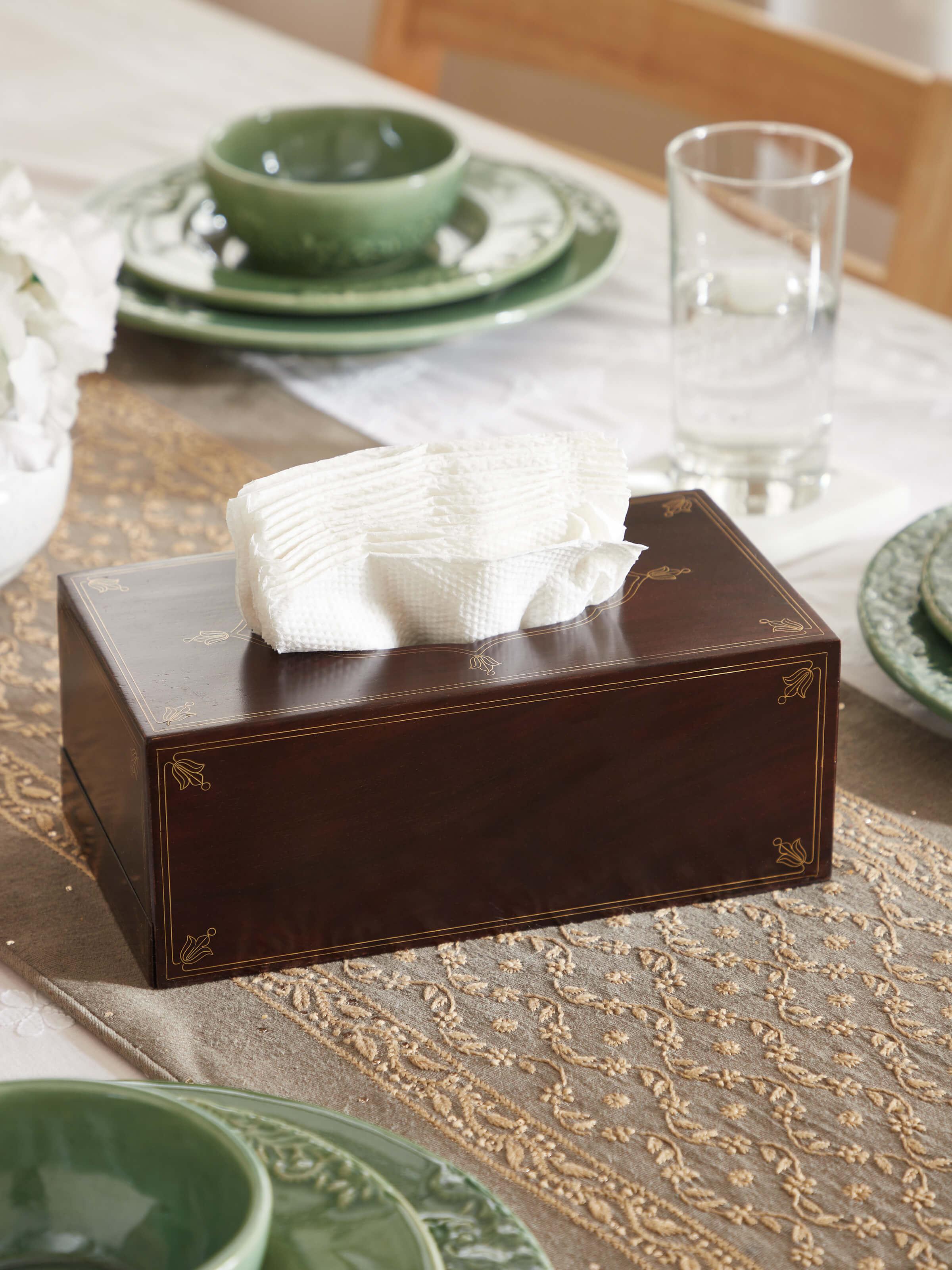 Side view of Polished tarkashi sheesham wood & brass inlaid tissue box highlighting elegant design and detailing.