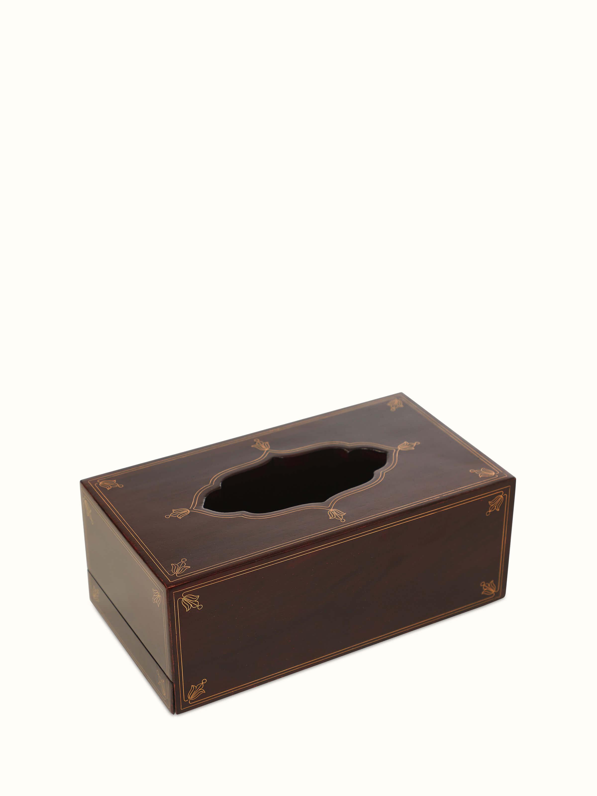 Detailed close-up of Polished tarkashi sheesham wood & brass inlaid tissue box emphasizing the quality of craftsmanship.