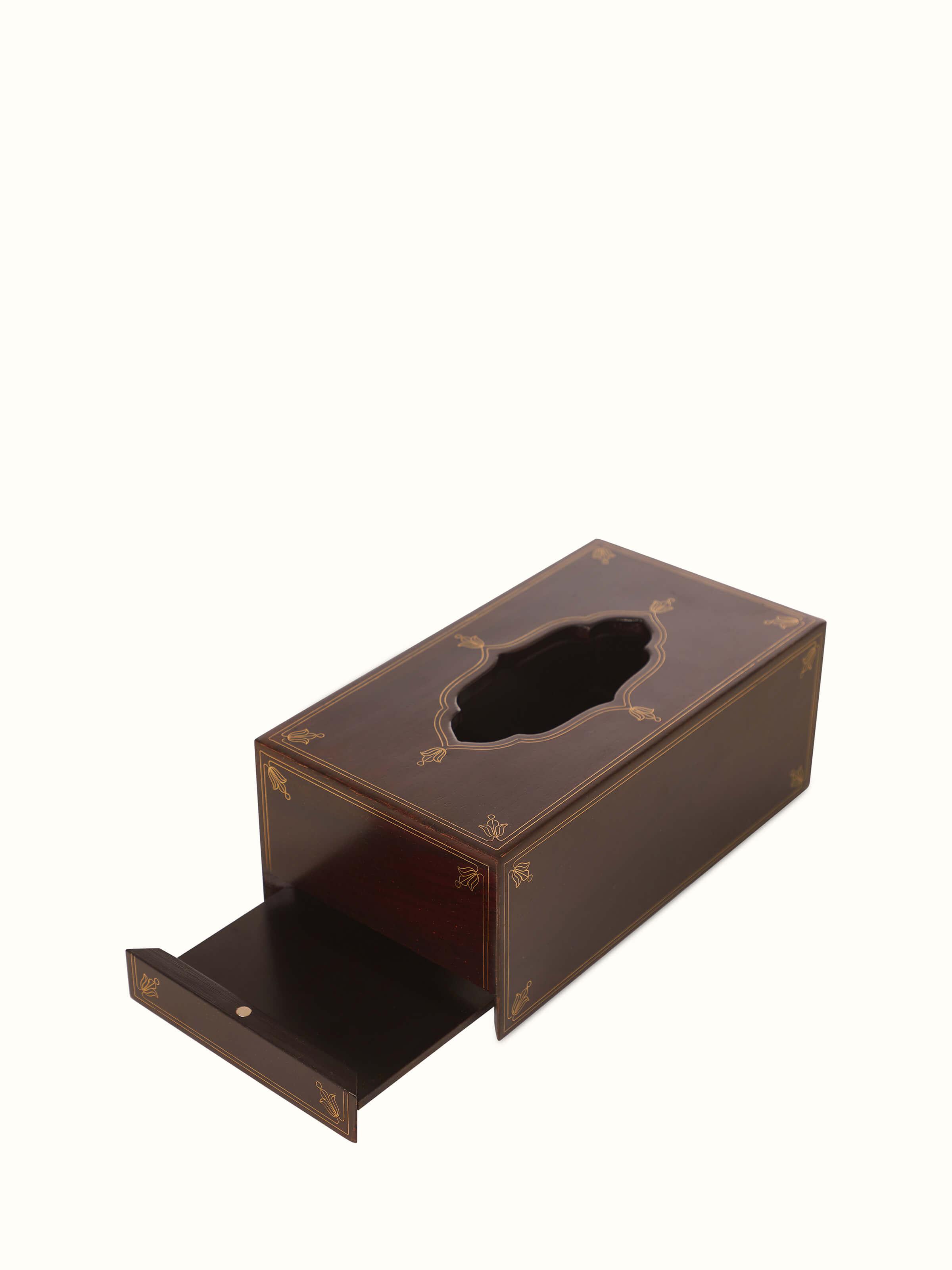 Full view of Polished tarkashi sheesham wood & brass inlaid tissue box showing overall design and inlaid patterns.