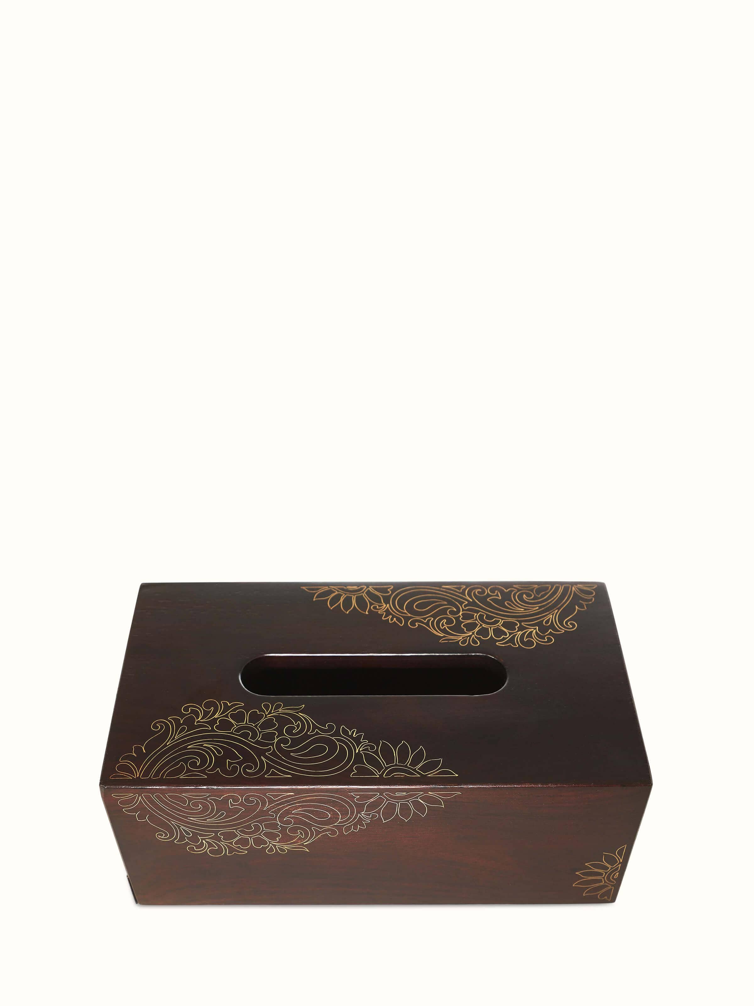 Front view of Tarkashi Sheesham Wood & Brass Inlaid Tissue Box in brown color, showing the intricate inlaid design