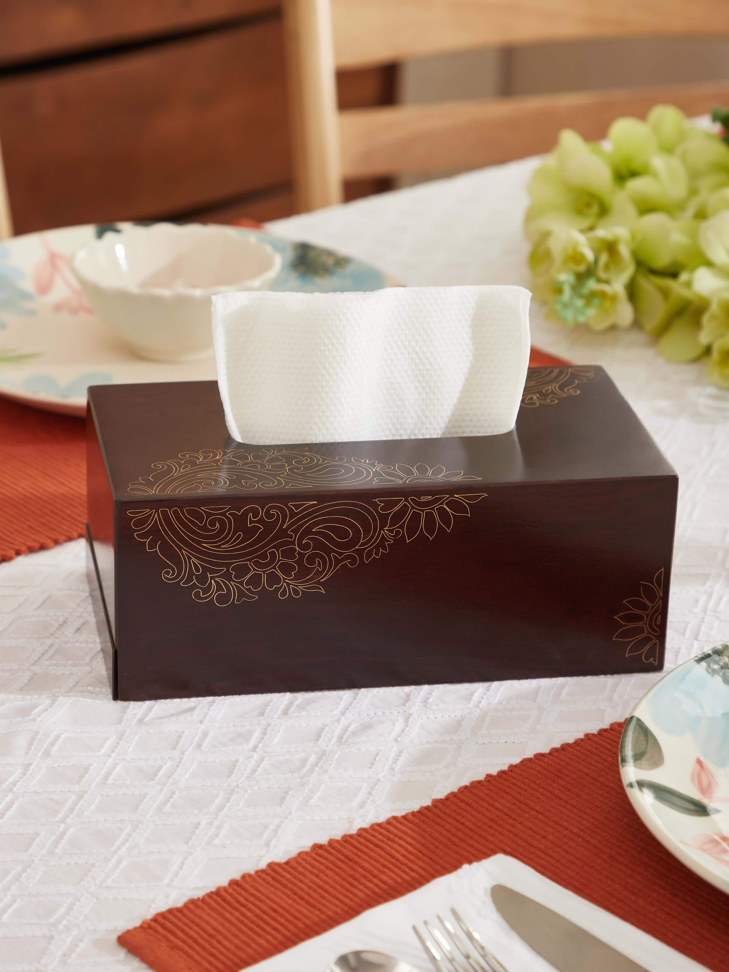 Close-up of Tarkashi Sheesham Wood & Brass Inlaid Tissue Box, highlighting the brass inlay and wood craftsmanship