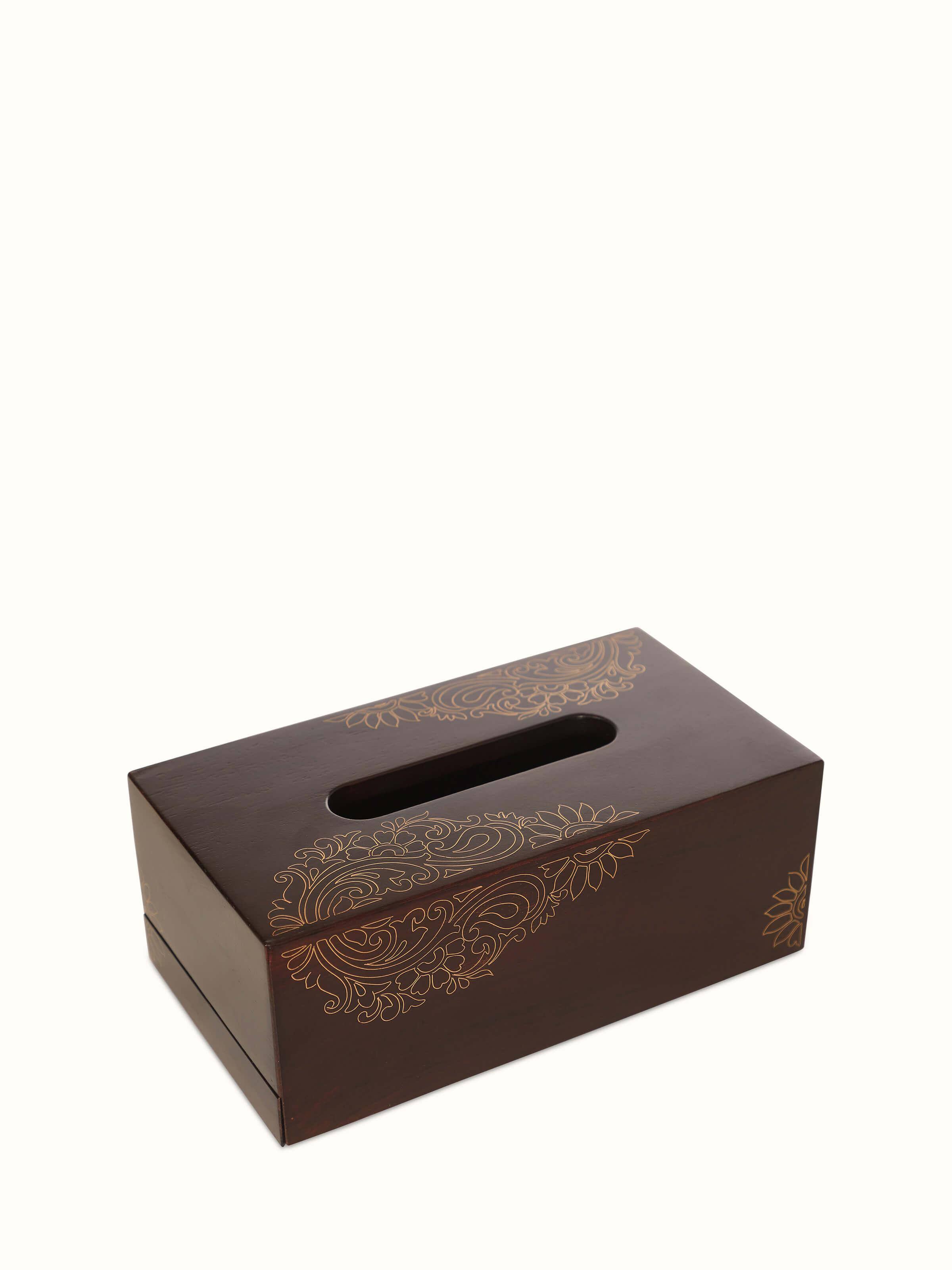 Side view of Tarkashi Sheesham Wood & Brass Inlaid Tissue Box, showcasing the profile and detailed inlay work