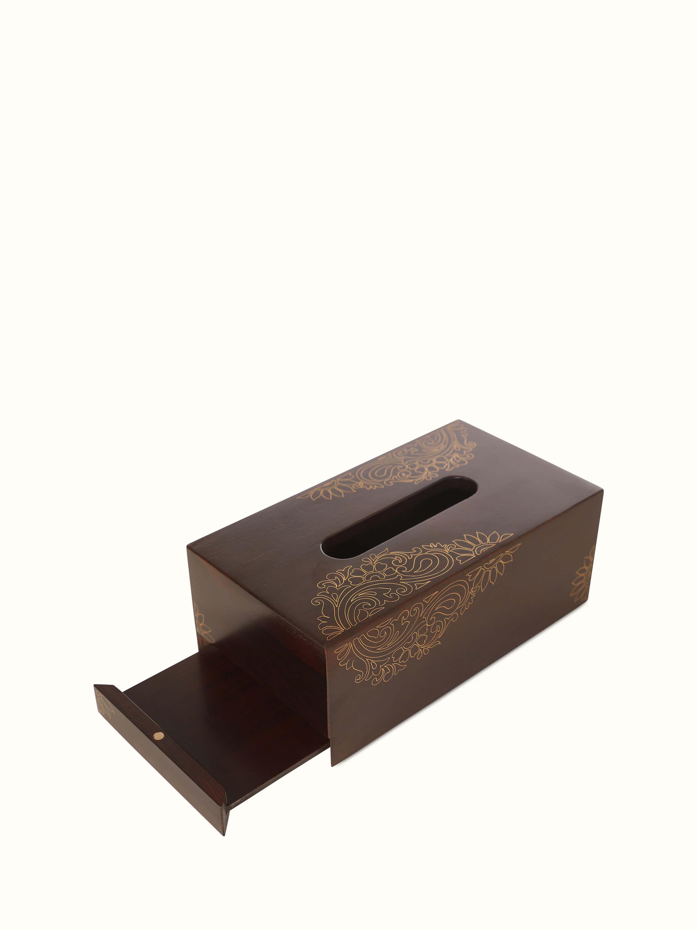 Top view of Tarkashi Sheesham Wood & Brass Inlaid Tissue Box, focusing on the lid design and inlay details
