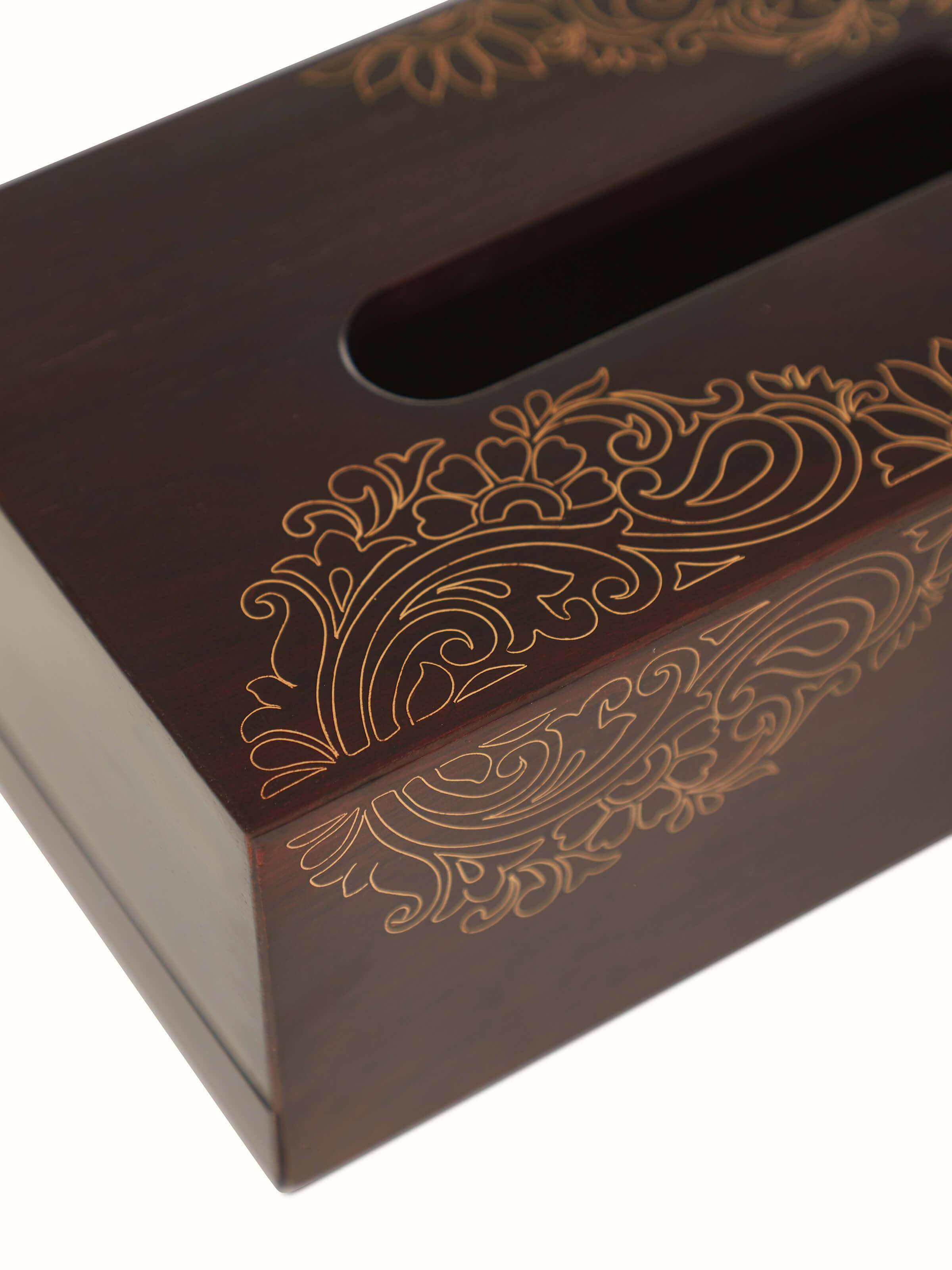 Detailed close-up of Tarkashi Sheesham Wood & Brass Inlaid Tissue Box, emphasizing the fine craftsmanship and material