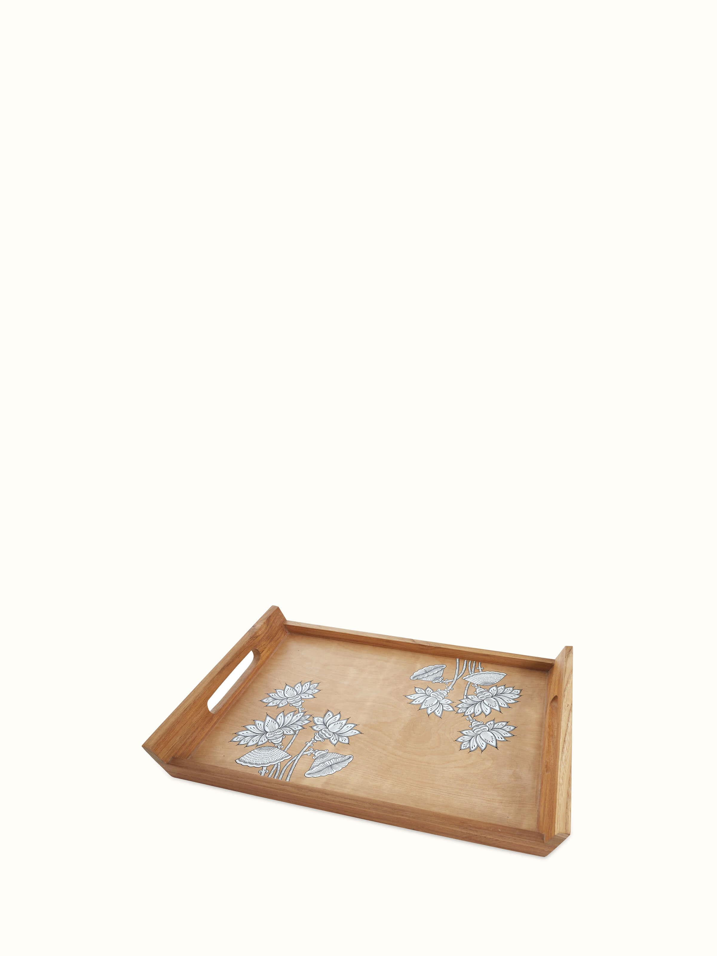 Detailed view of Carved teak wood trays in brown (2 pcs) focusing on the high-quality craftsmanship