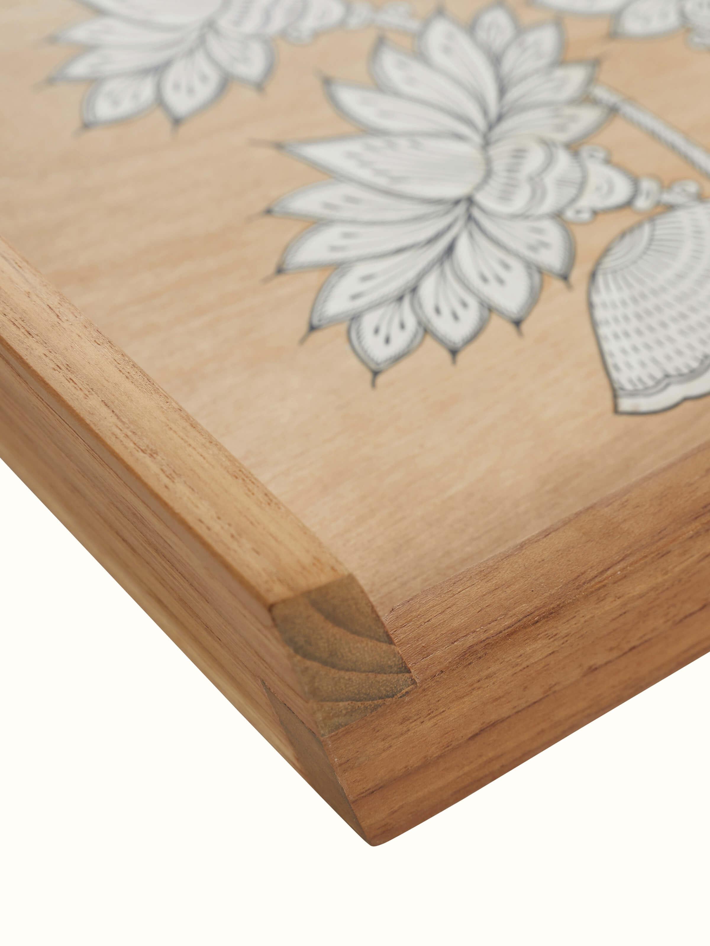 Back view of Carved teak wood trays in brown (2 pcs) emphasizing the quality of the woodwork