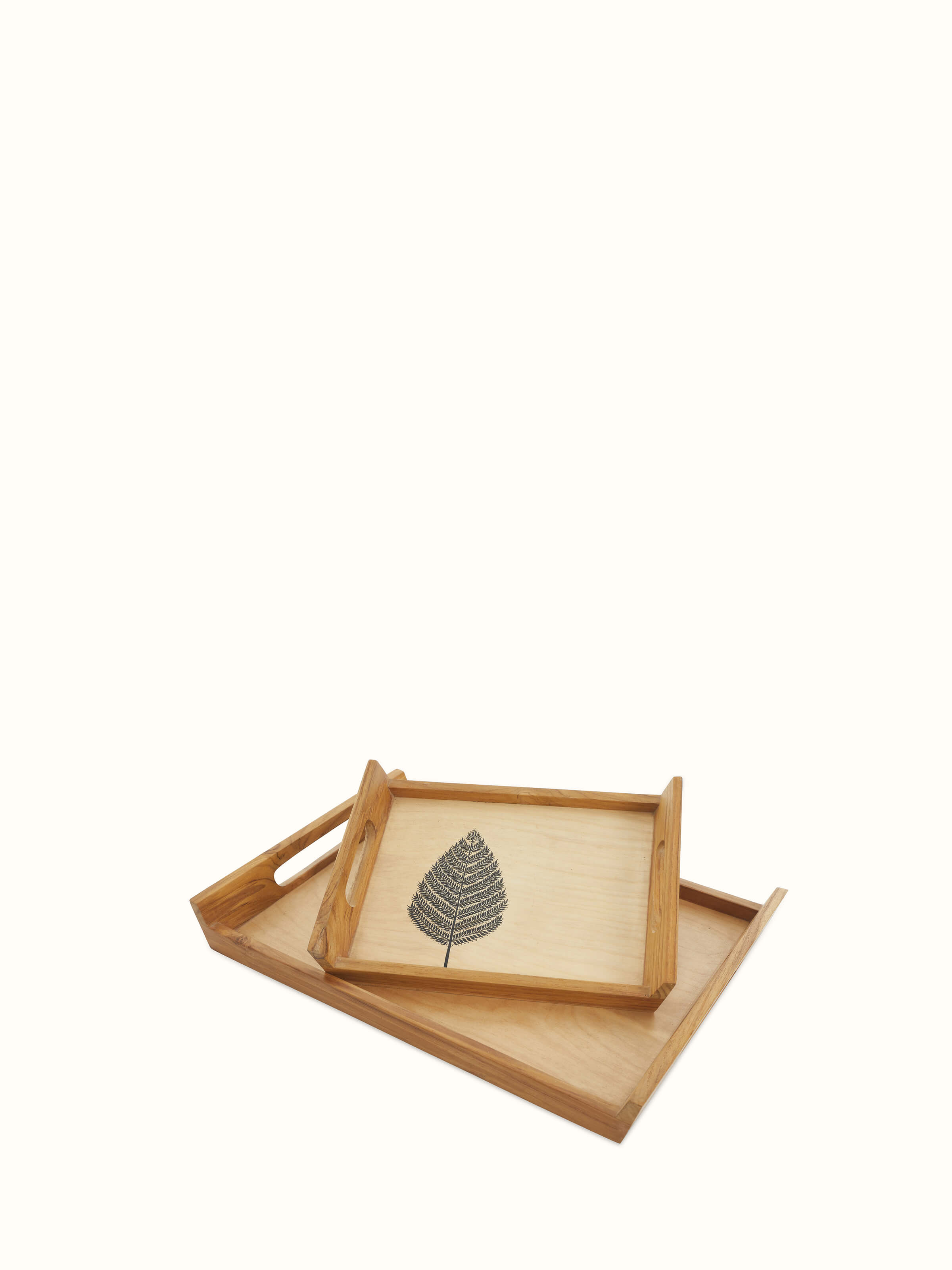 Front view of Carved Teak Wood Trays in Beige (2 pcs)