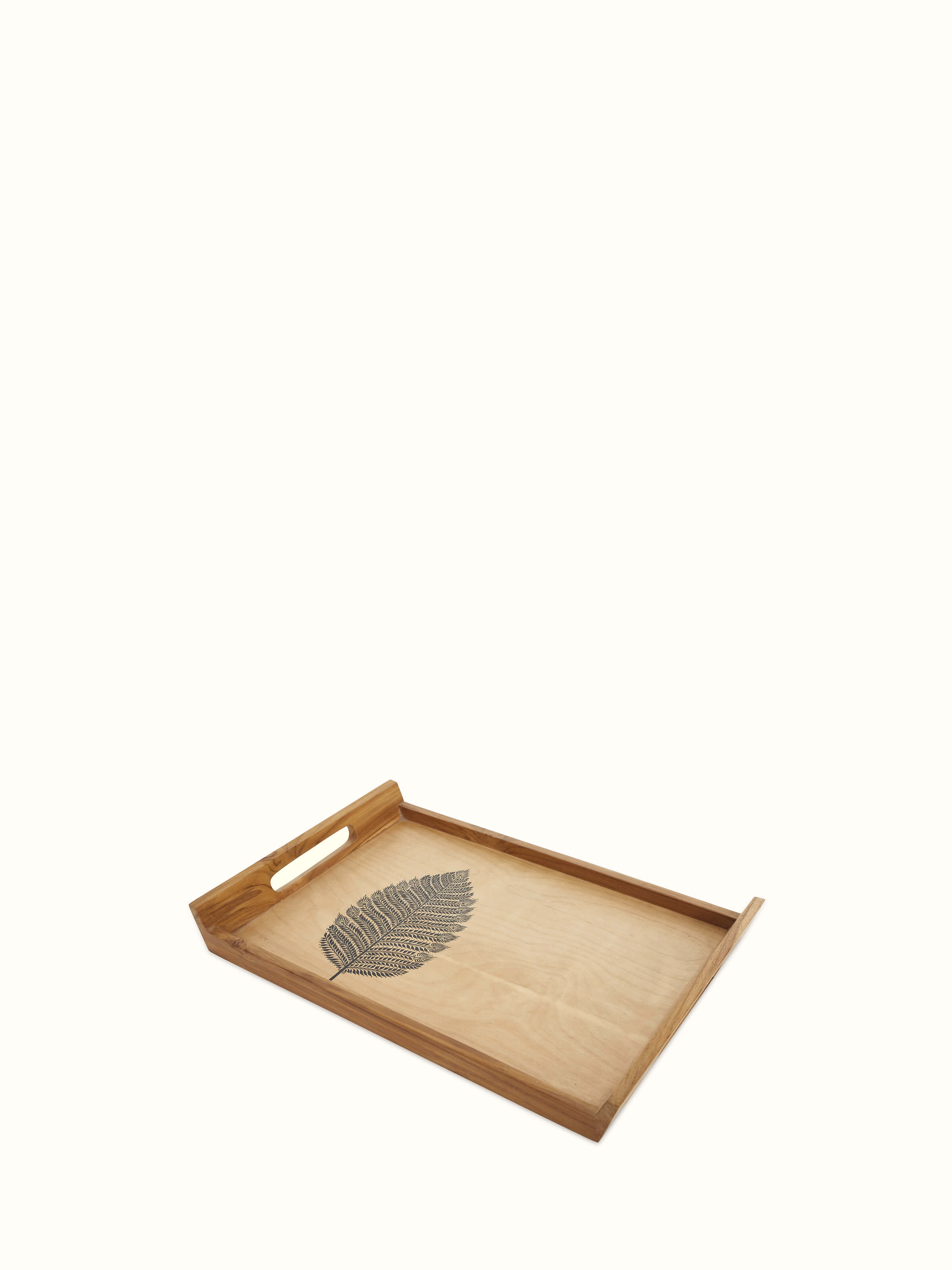 Angled view of Carved Teak Wood Trays in Beige (2 pcs)