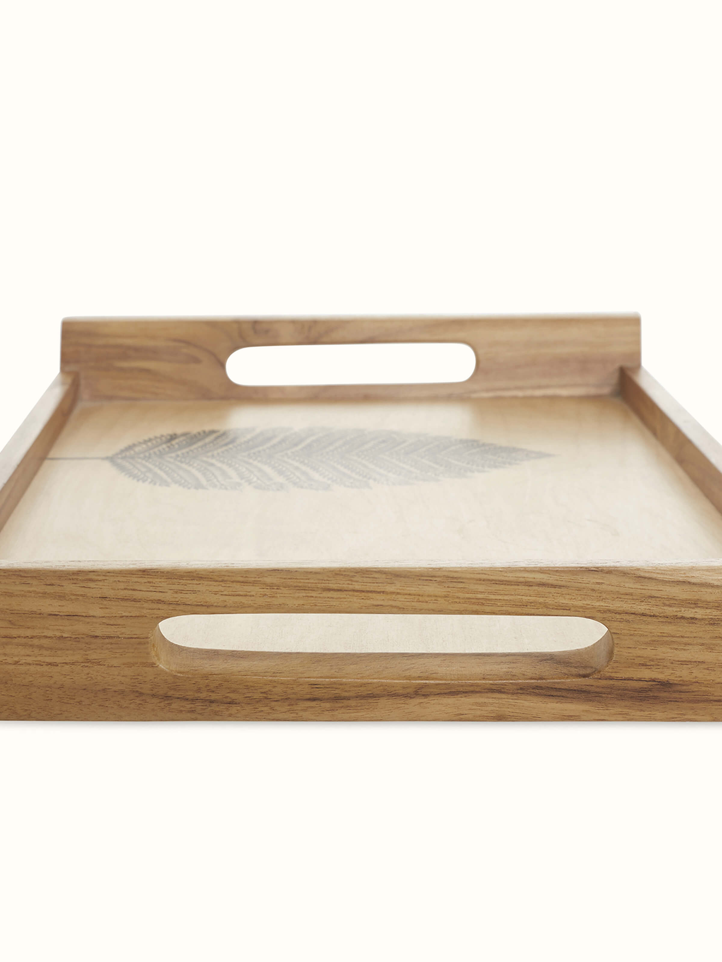 Detailed view of Carved Teak Wood Trays in Beige (2 pcs)