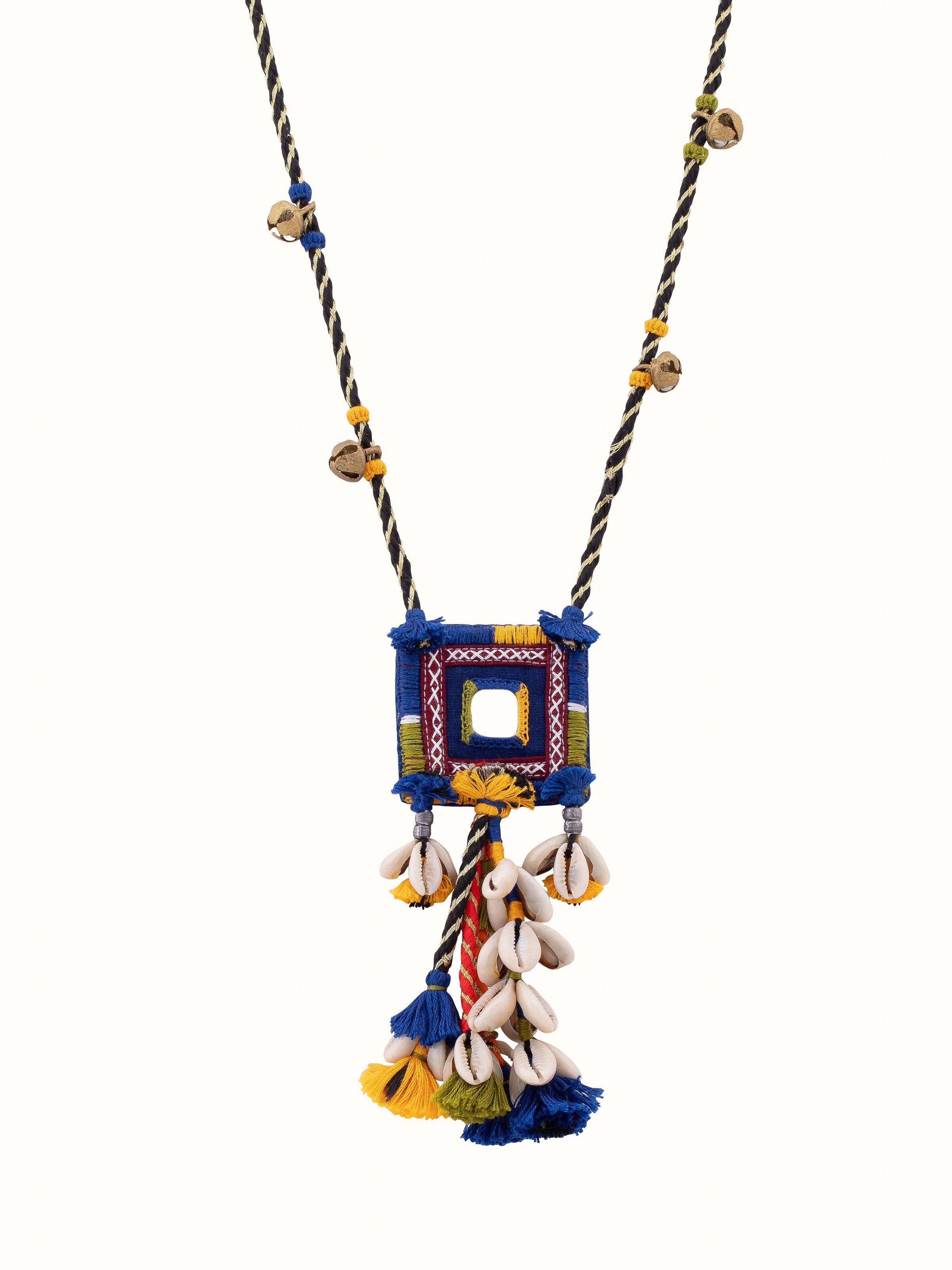 Front view of Banjara Embroidery long necklace featuring vibrant embroidery and intricate details