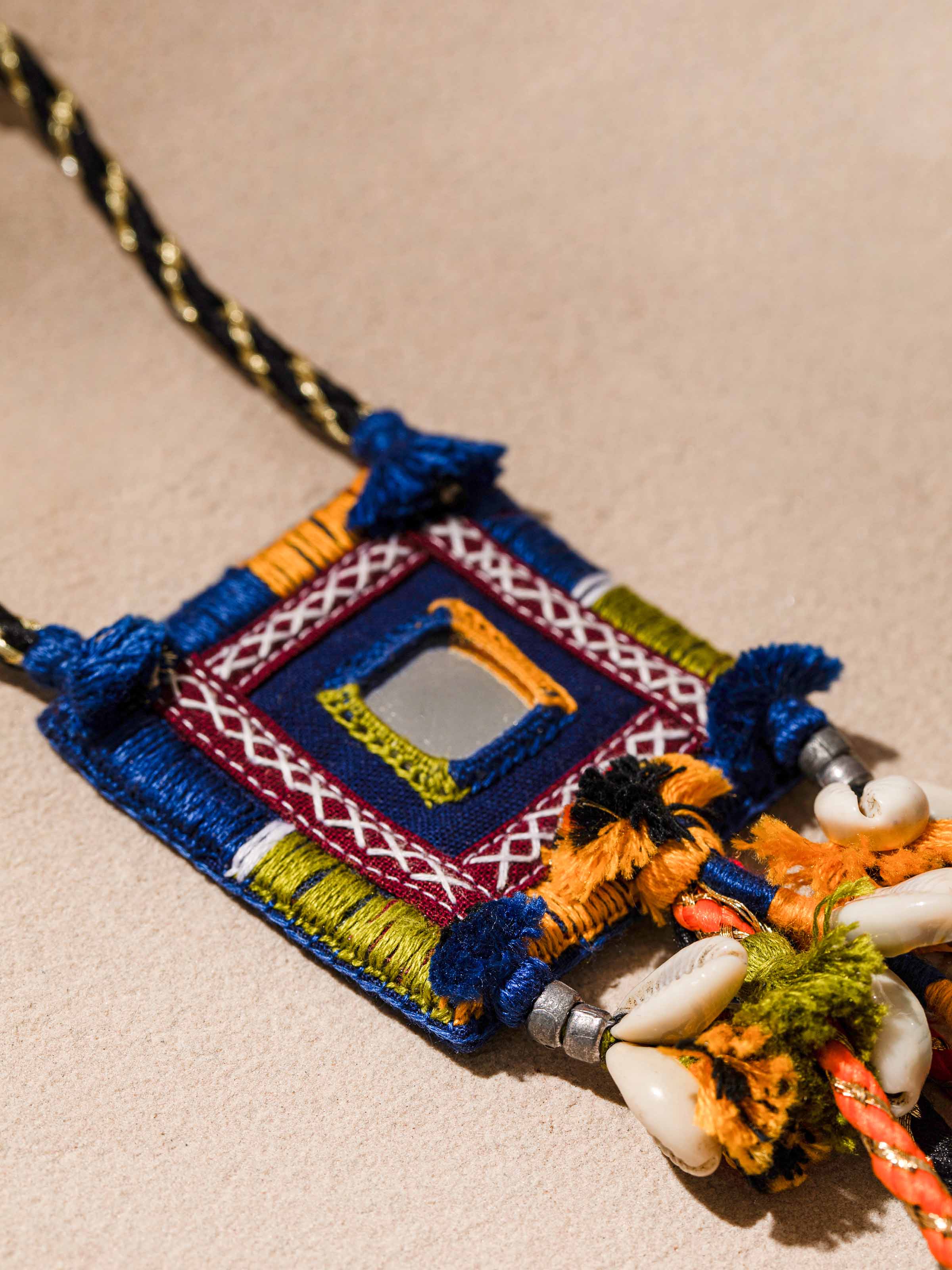 Detailed view of Banjara Embroidery long necklace showcasing intricate embroidery and quality craftsmanship