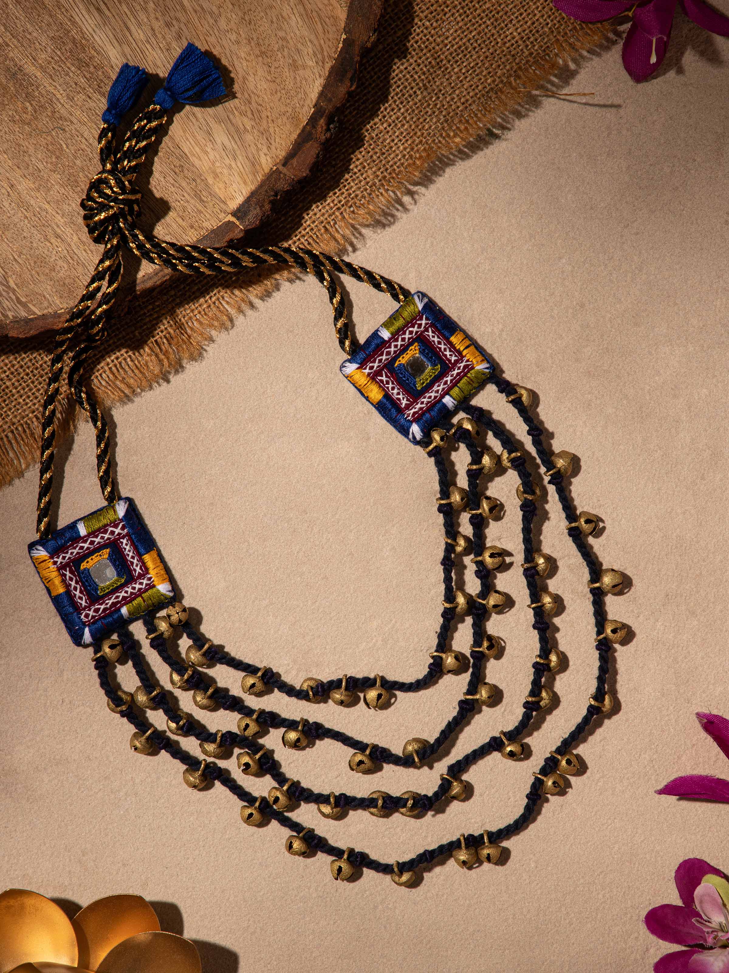 Side view of Banjara Embroidery Long Necklace showcasing length and detailed embroidery.