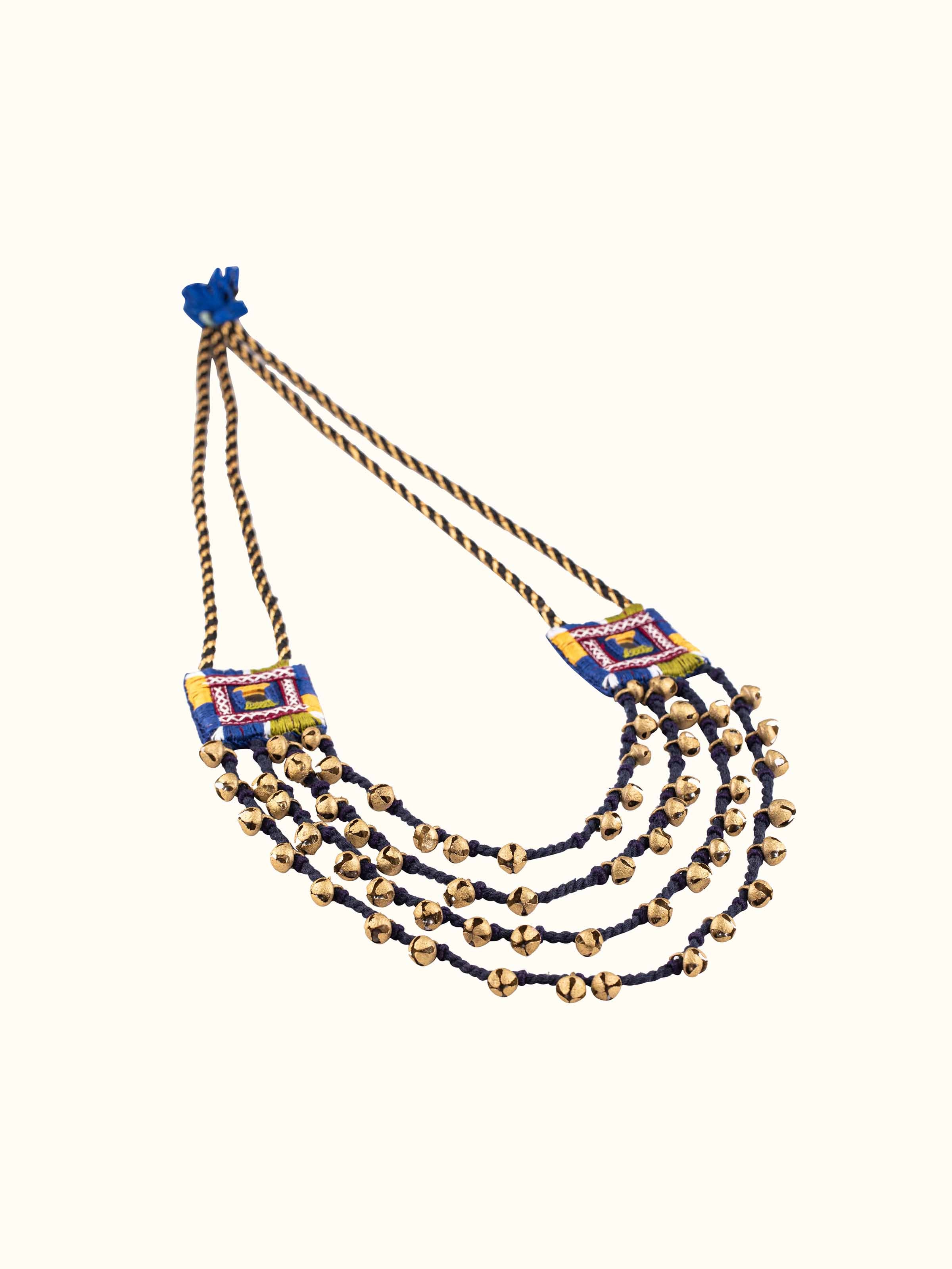 Angled view of Banjara Embroidery Long Necklace highlighting traditional patterns and craftsmanship.