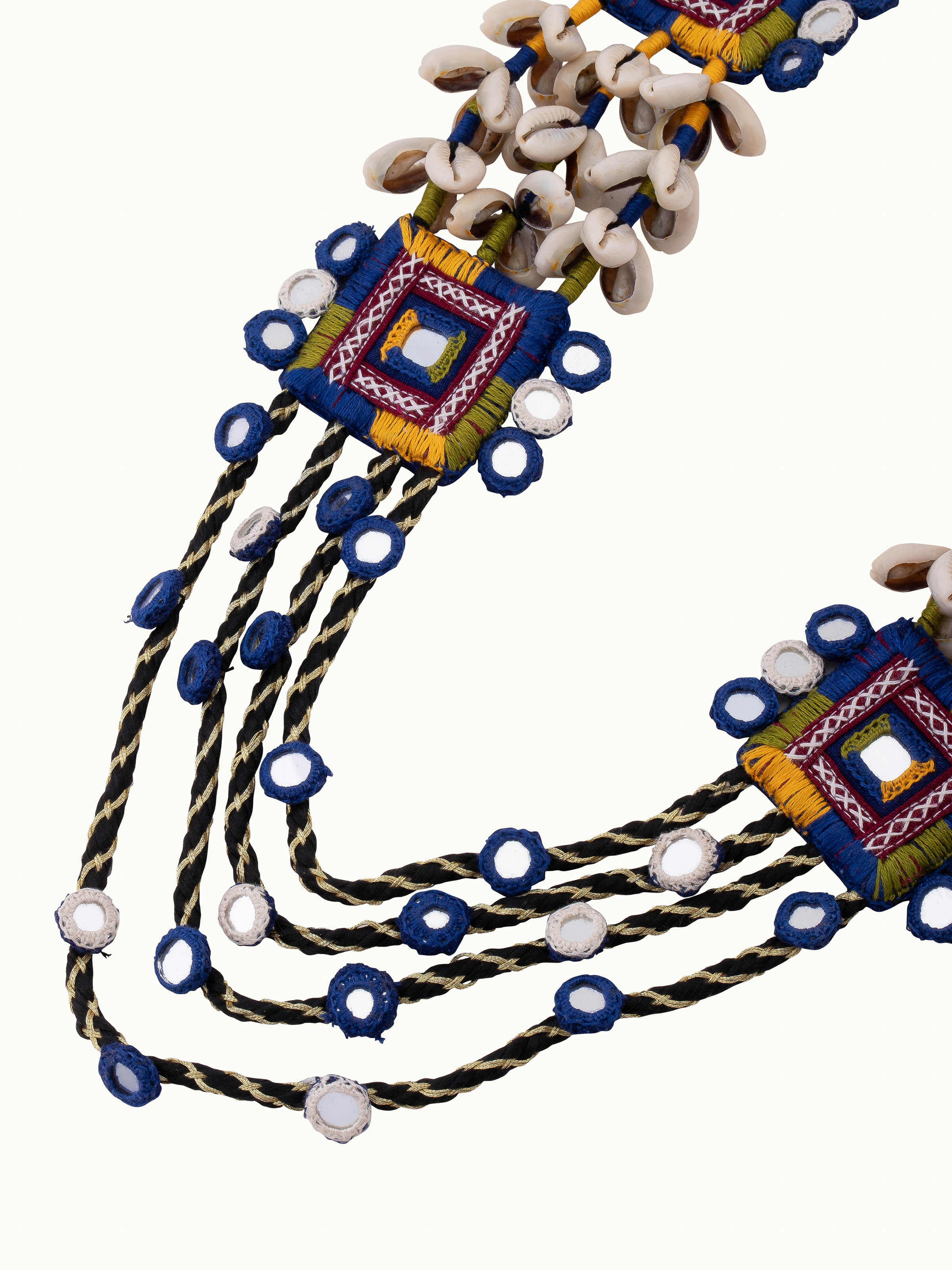 Angled view of Banjara Embroidery Long Necklace showcasing the vibrant colors and embroidery patterns.