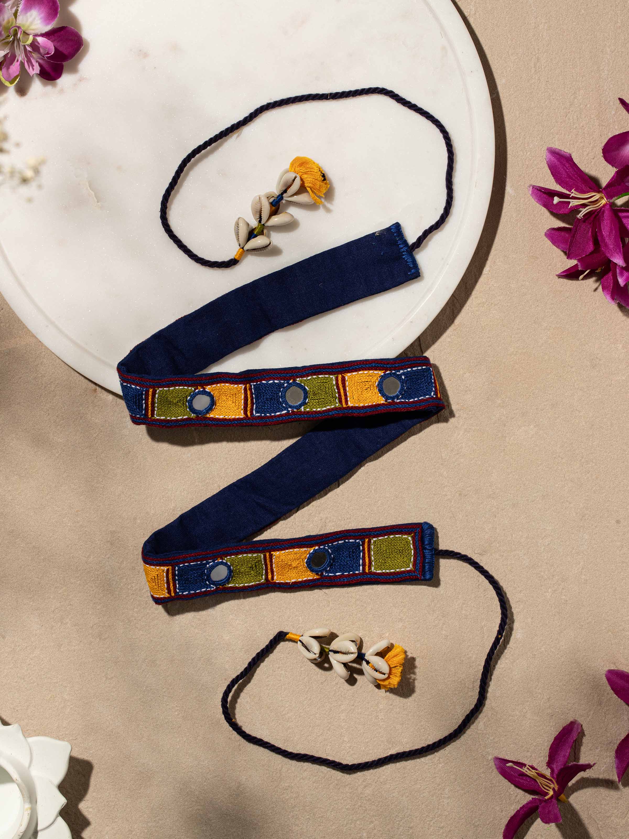 Close-up view of Banjara embroidery waist belt showing detailed embroidery work