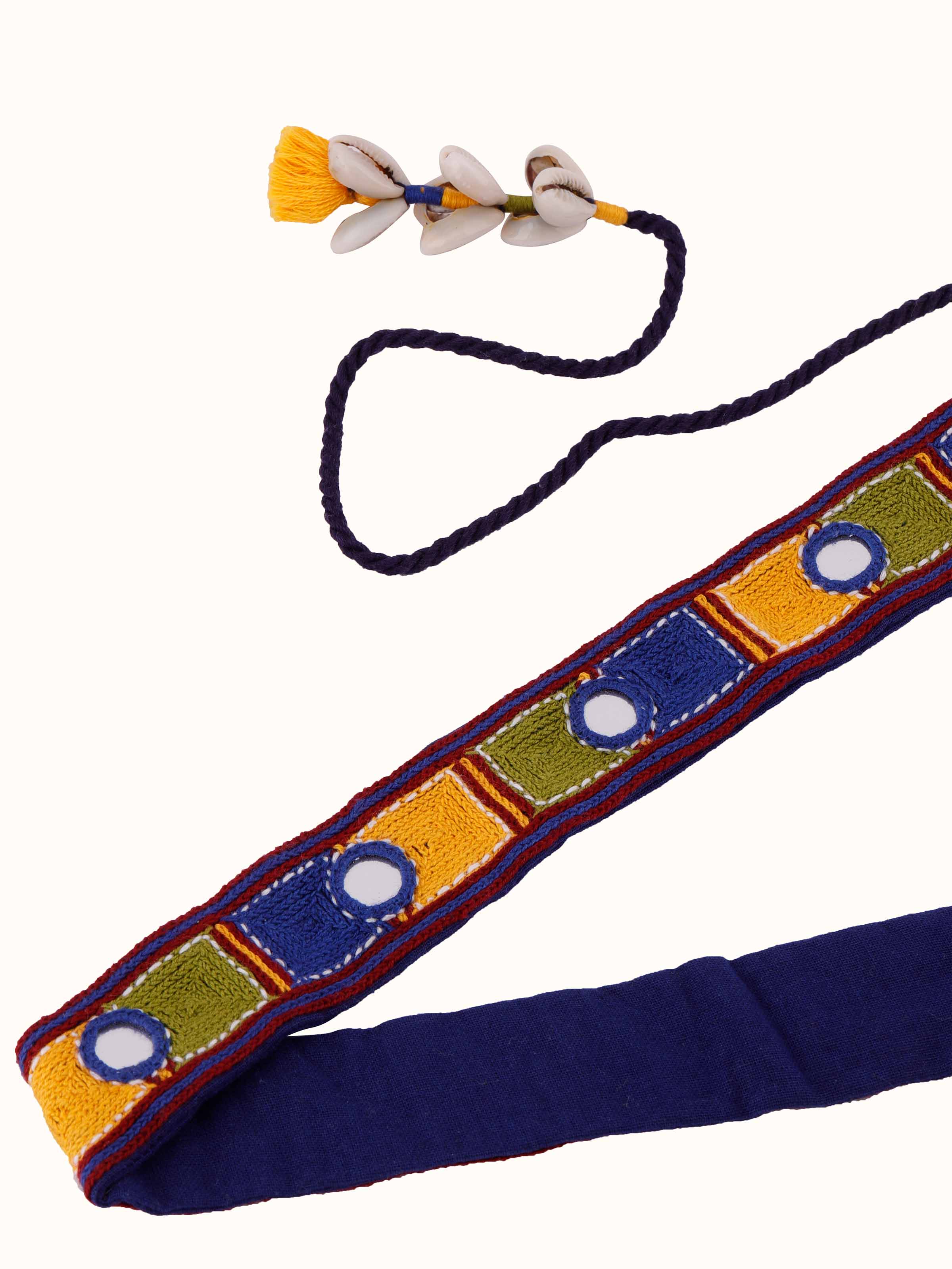 Angled view of Banjara embroidery waist belt with emphasis on its intricate design