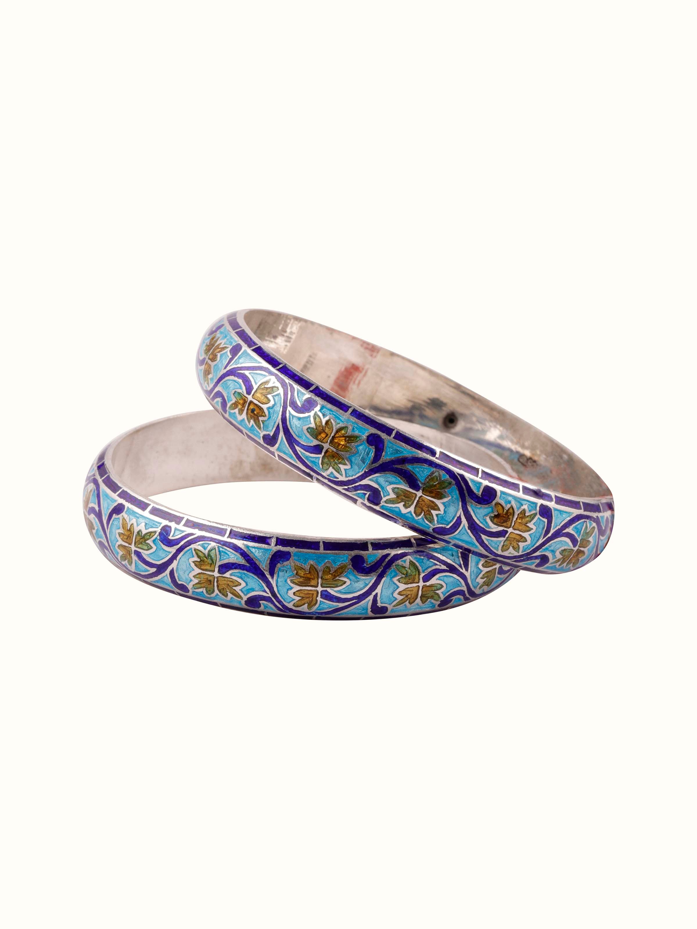Front view of Blue Meenakari Silver Bangles showcasing vibrant enamelwork and intricate silver design