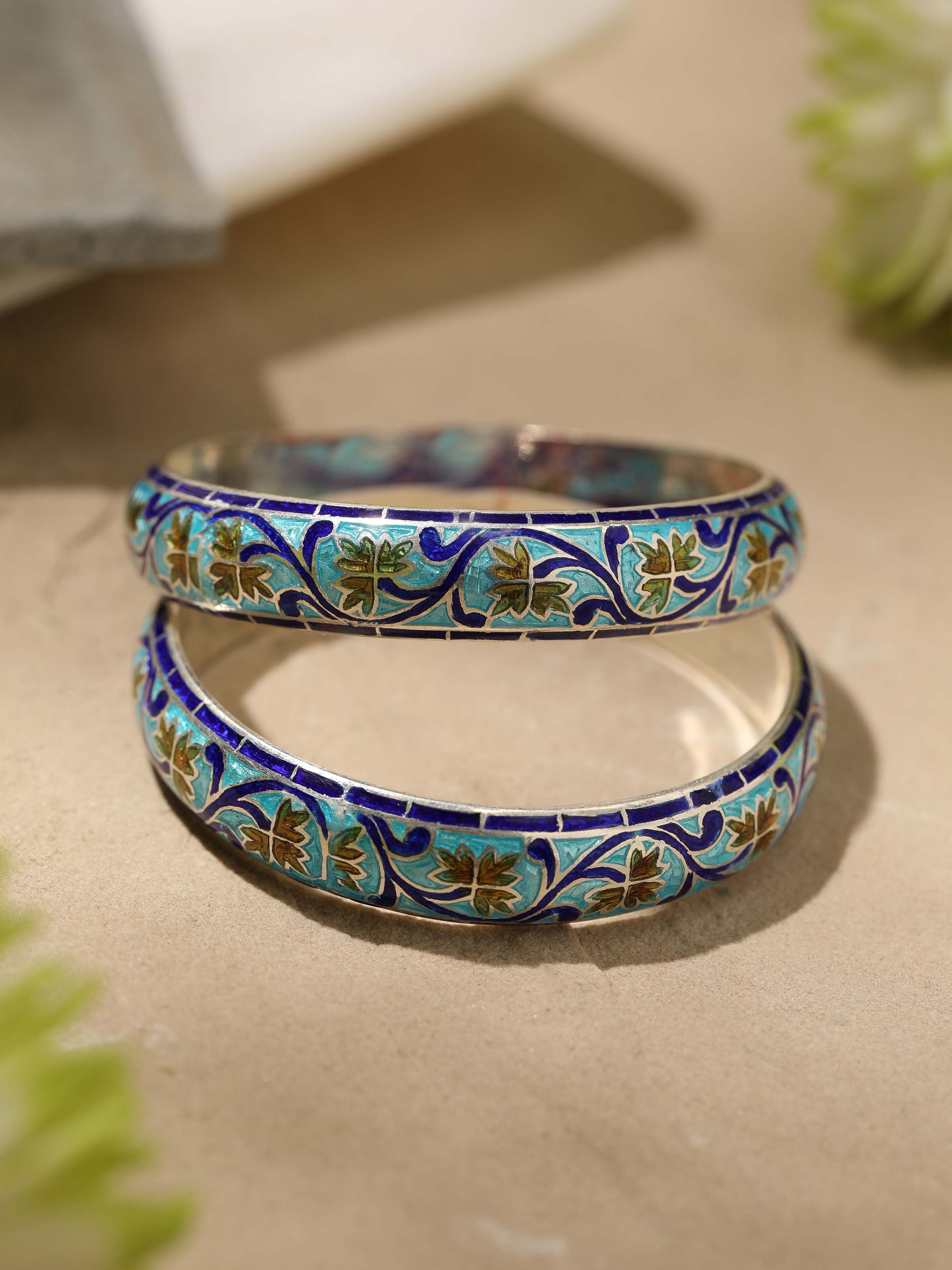 Detailed view of Blue Meenakari Silver Bangles highlighting the vibrant enamel and intricate silverwork
