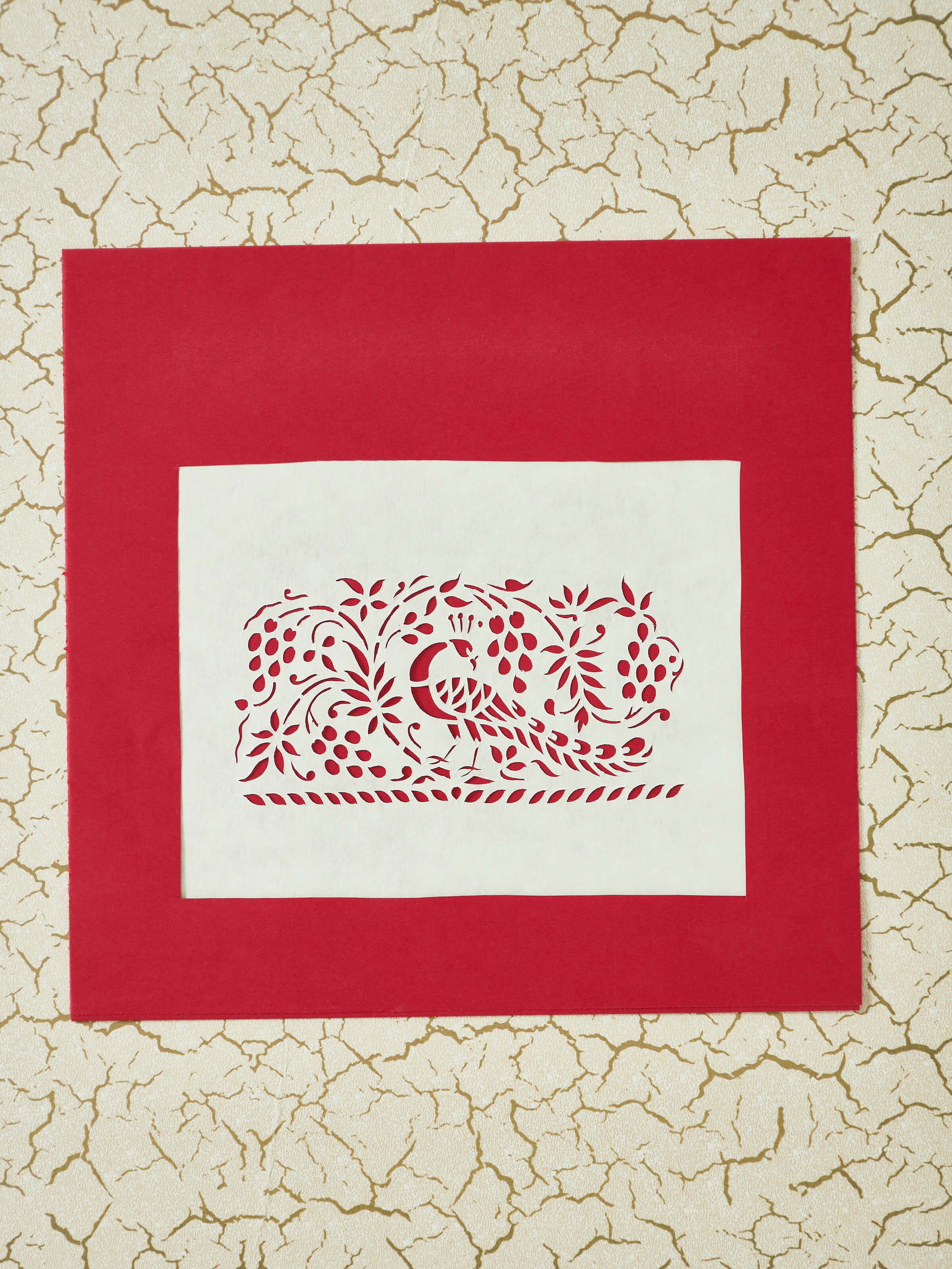 Angled view of Sanjhi Paper Stencil Peacock Wall Art showing depth and design