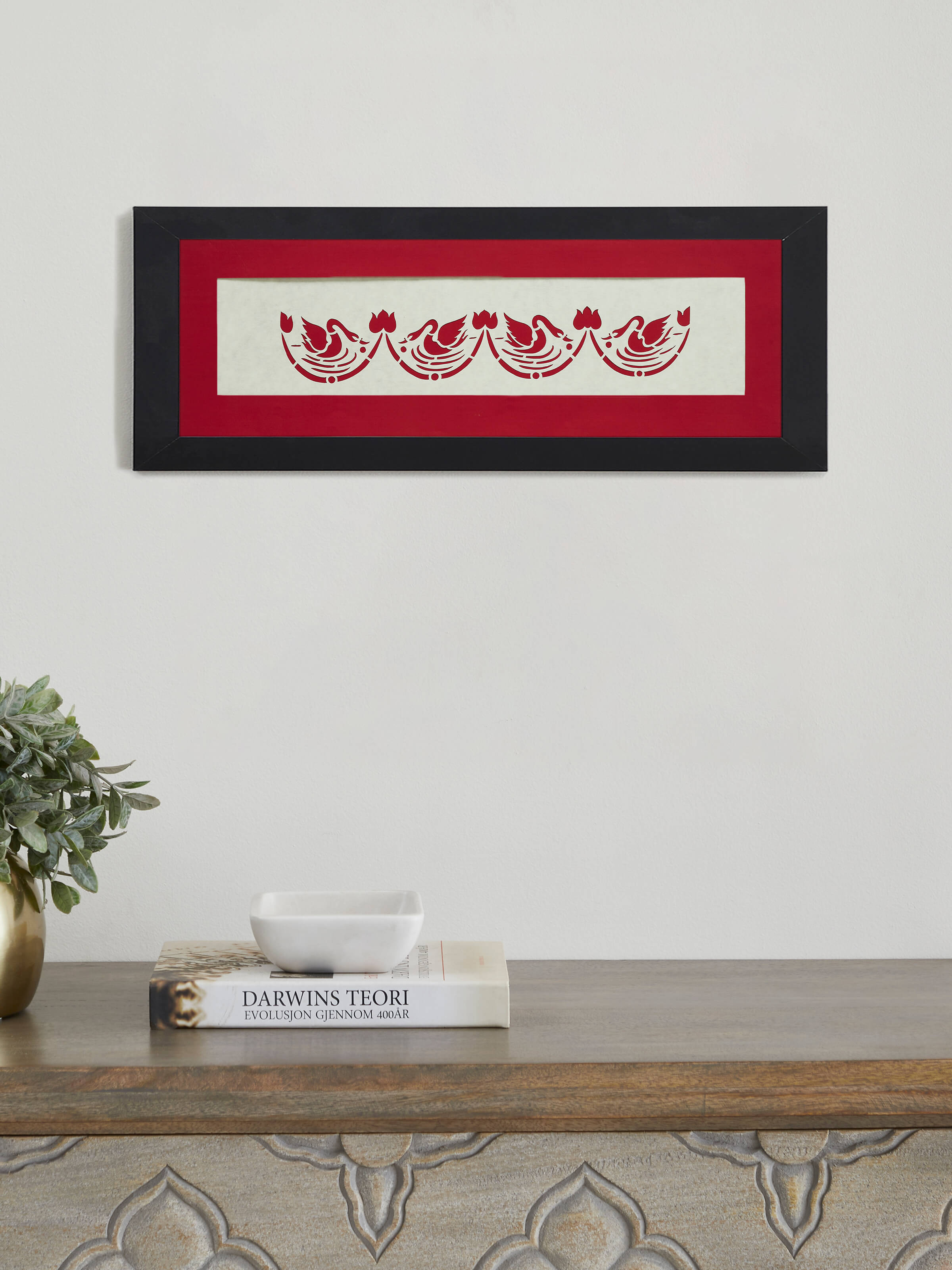 Side view of Sanjhi Paper Stencil Swan Wall Art showcasing elegant design elements.