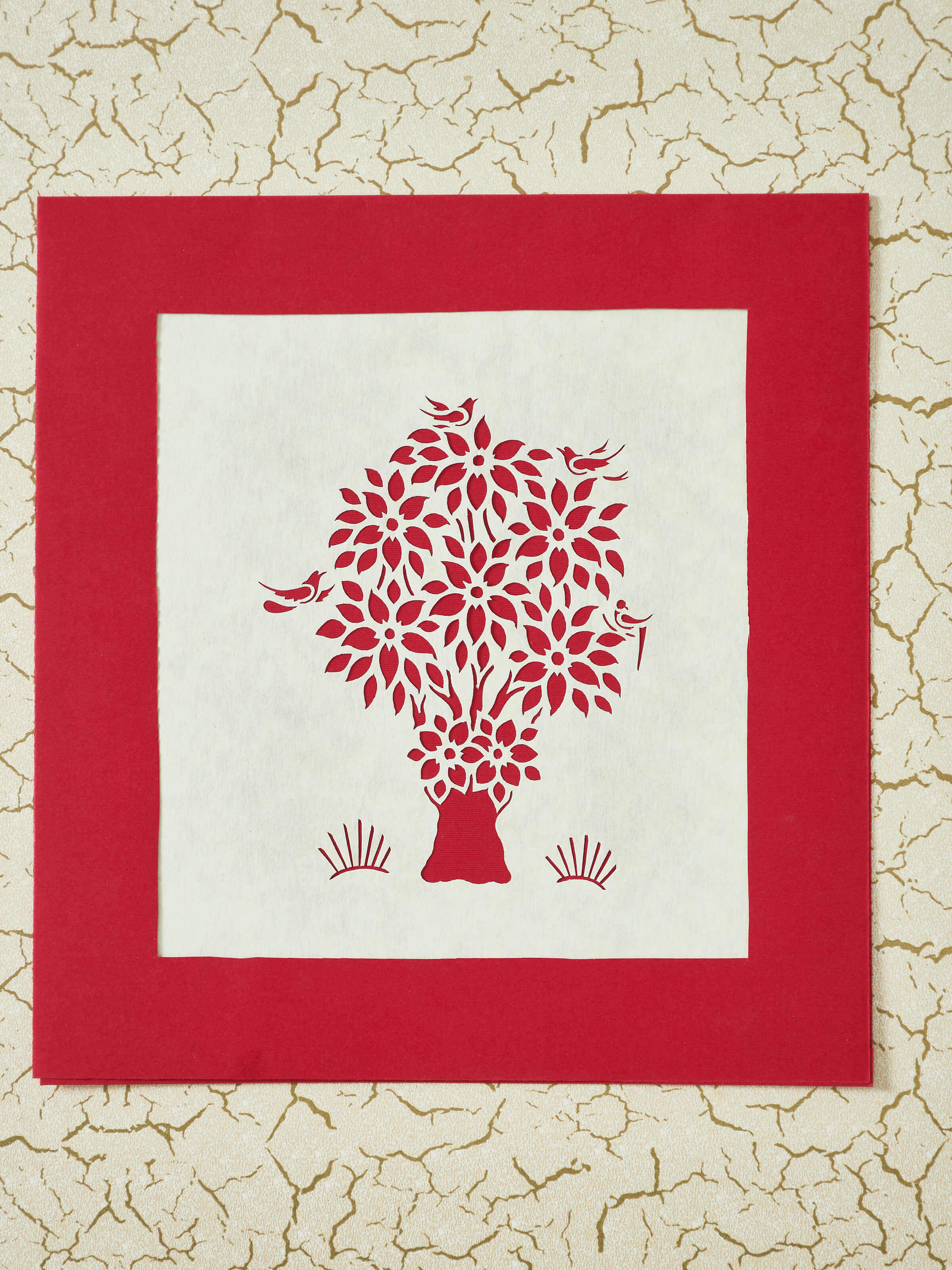 Detailed view of Sanjhi paper stencil small banyan tree wall art, focusing on the fine craftsmanship and design.