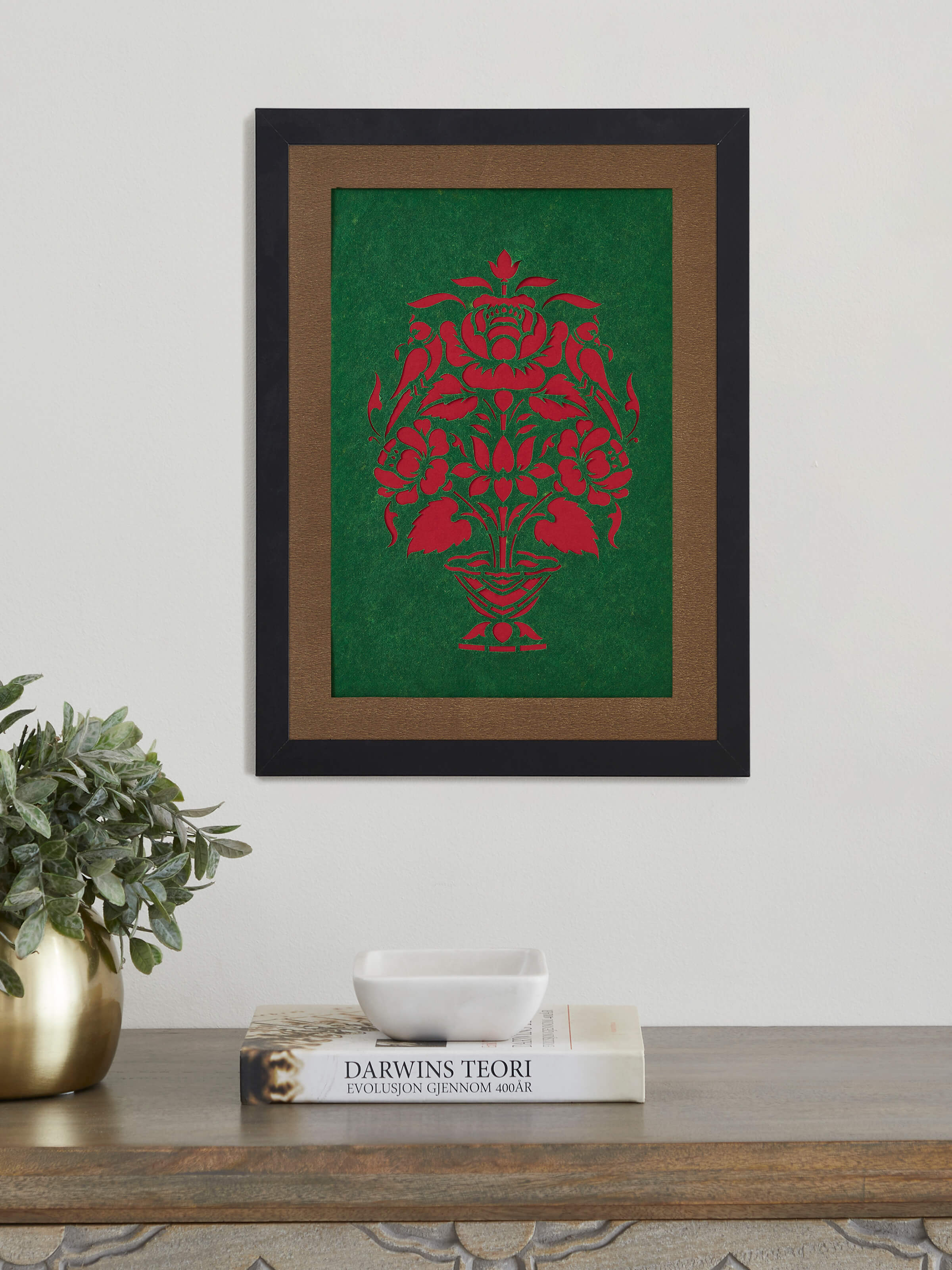 Side view of Sanjhi Paper Stencil Flower Pot with Parrot Wall Art highlighting the details of the stencil and design.