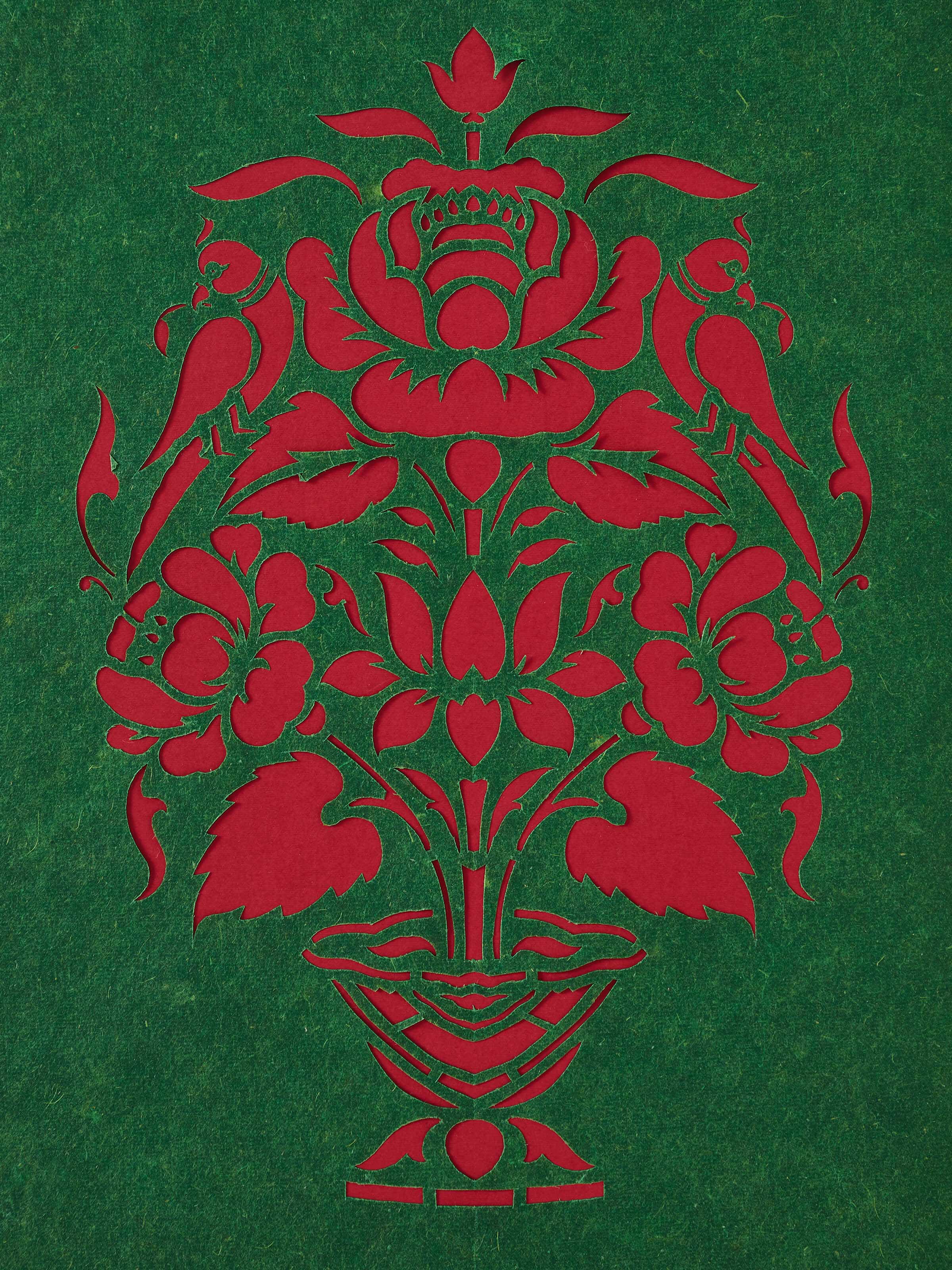 Another view of Sanjhi Paper Stencil Flower Pot with Parrot Wall Art showing different angles and stencil details.