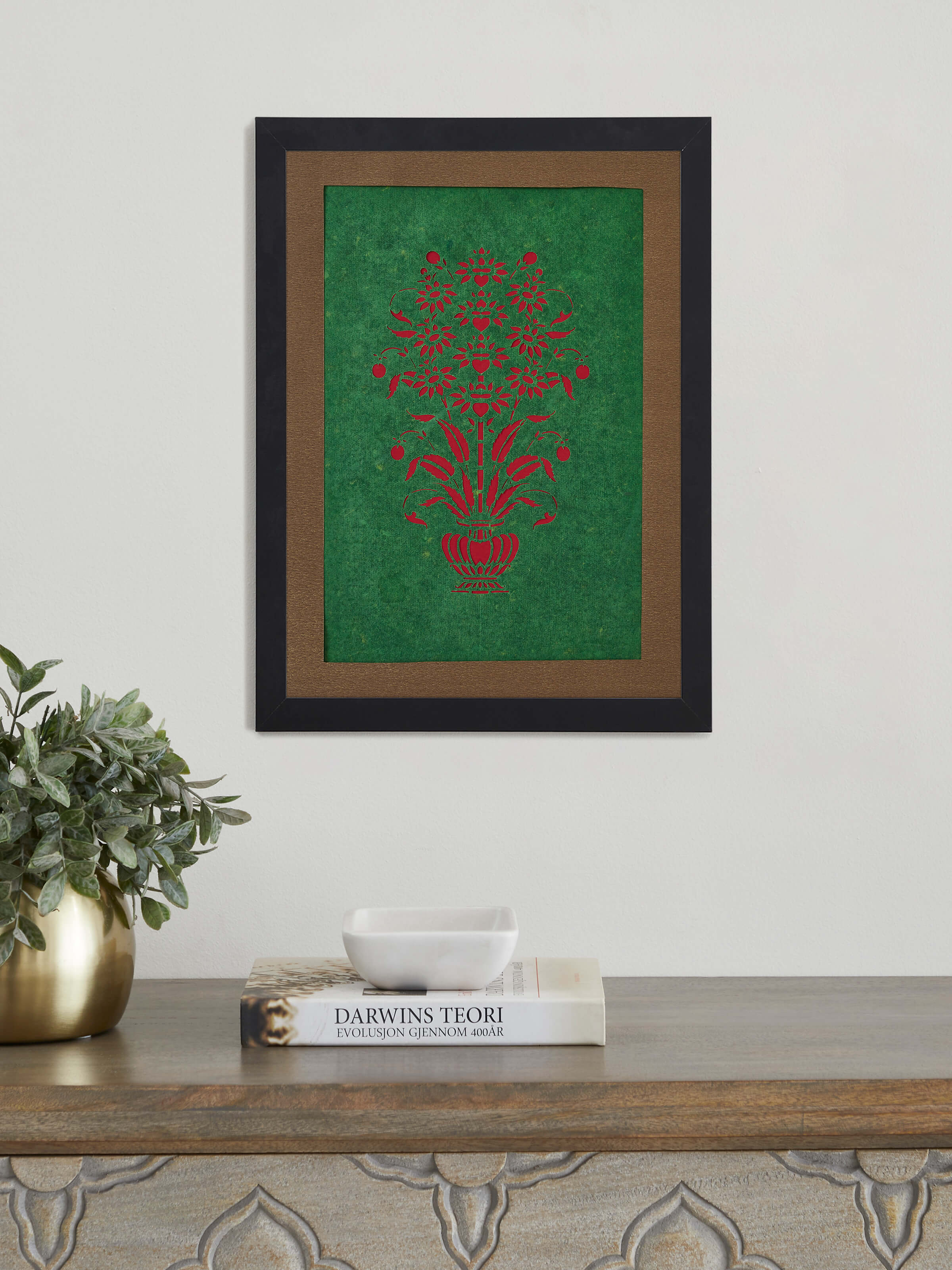 Detailed view of Sanjhi paper stencil Mughal flower wall art highlighting fine paper cuts and colors