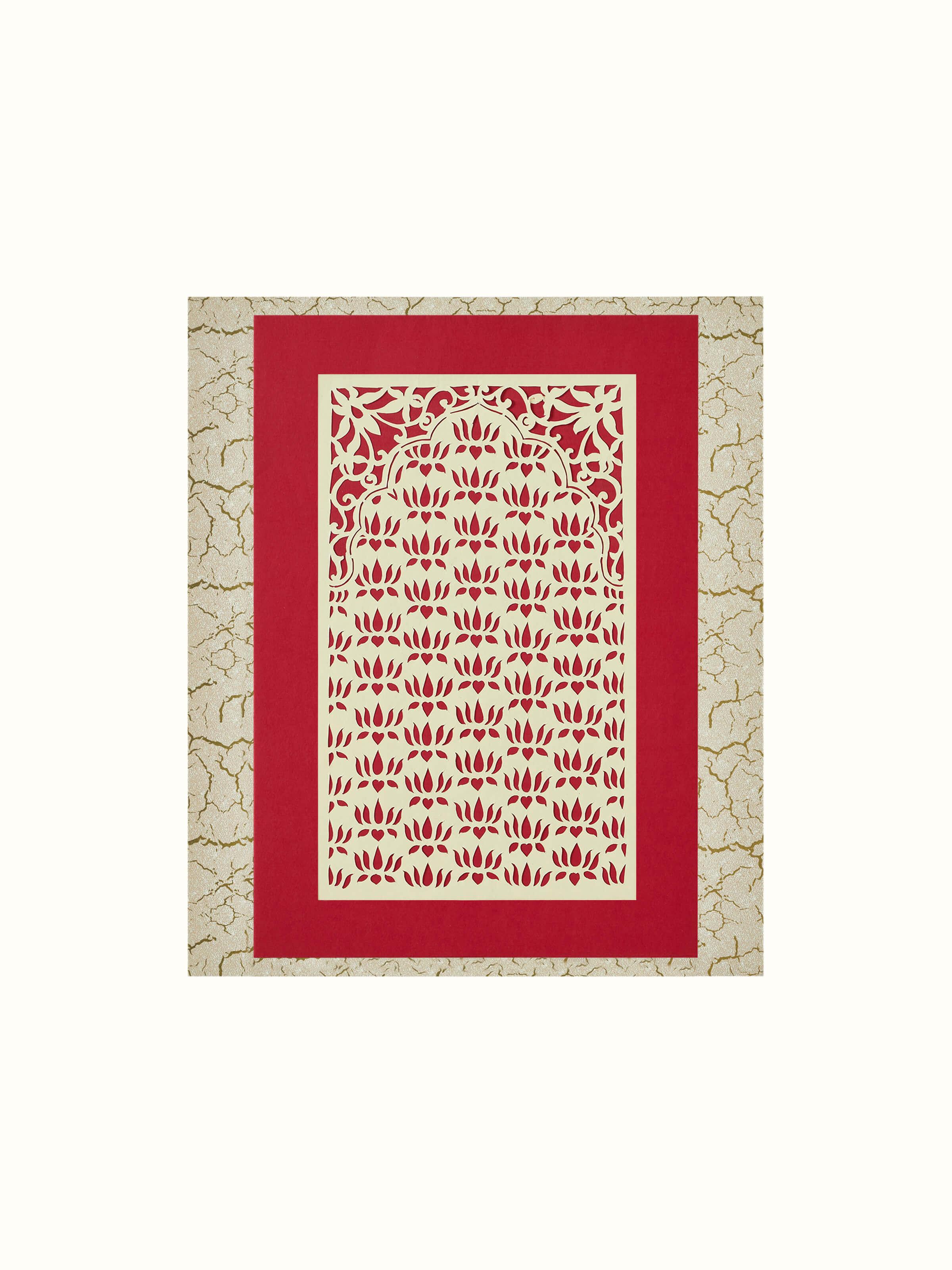 Front view of Sanjhi paper stencil lotus jaali wall art displaying intricate cut-out designs and traditional patterns