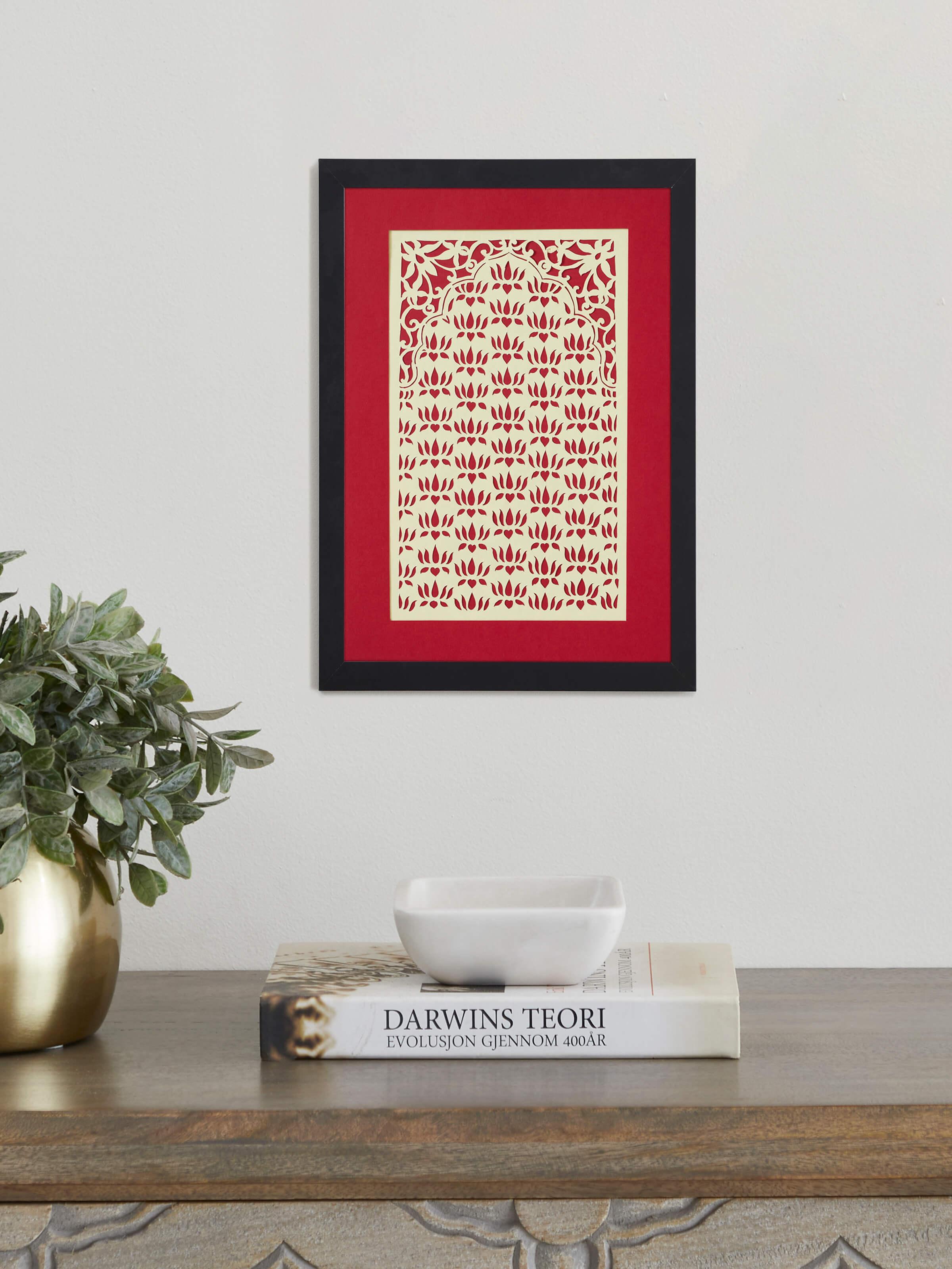 Side view of Sanjhi paper stencil lotus jaali wall art showcasing detailed stencil work and elegant lotus design