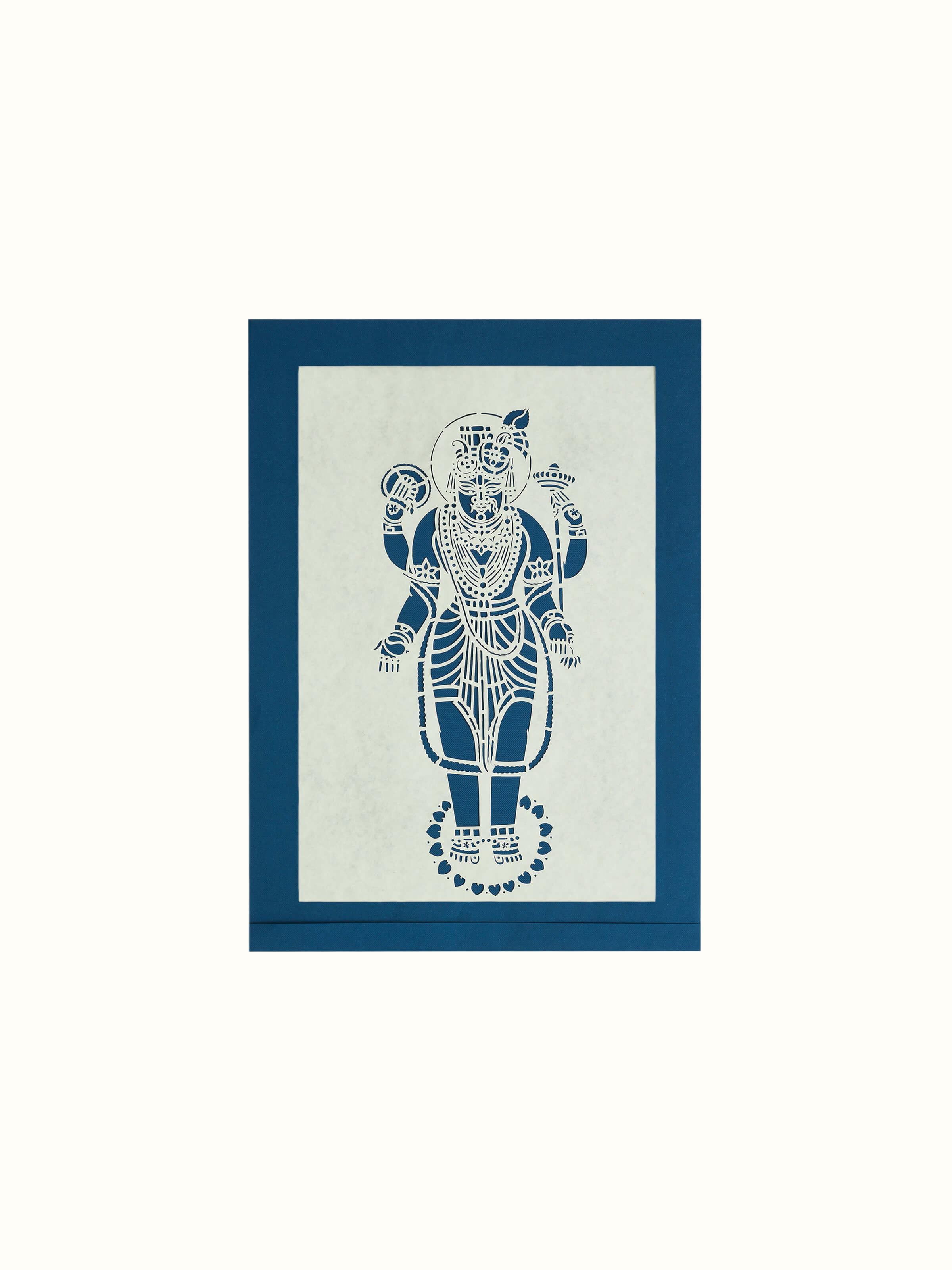 Front view of Sanjhi paper stencil Lord Vishnu Swaroop wall art, showcasing the detailed stencil work and design.