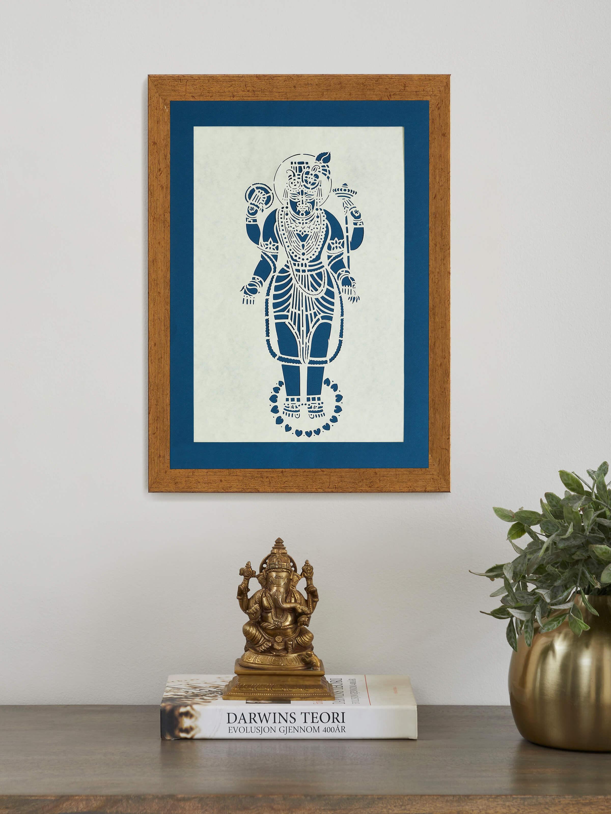 Side view of Sanjhi paper stencil Lord Vishnu Swaroop wall art, highlighting the intricate stencil details and craftsmanship.