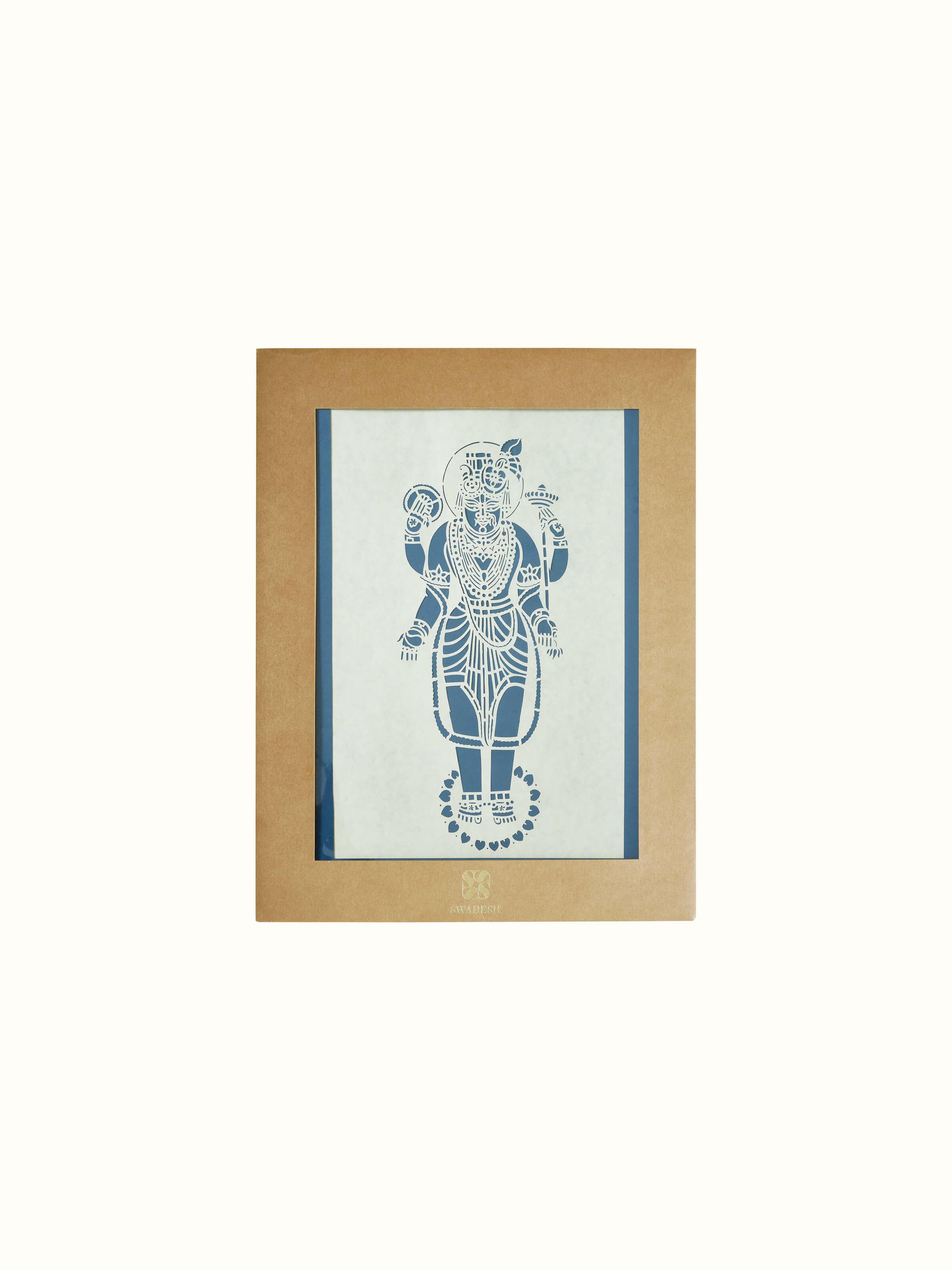Close-up of Sanjhi paper stencil Lord Vishnu Swaroop wall art, focusing on the fine stencil work and intricate design.