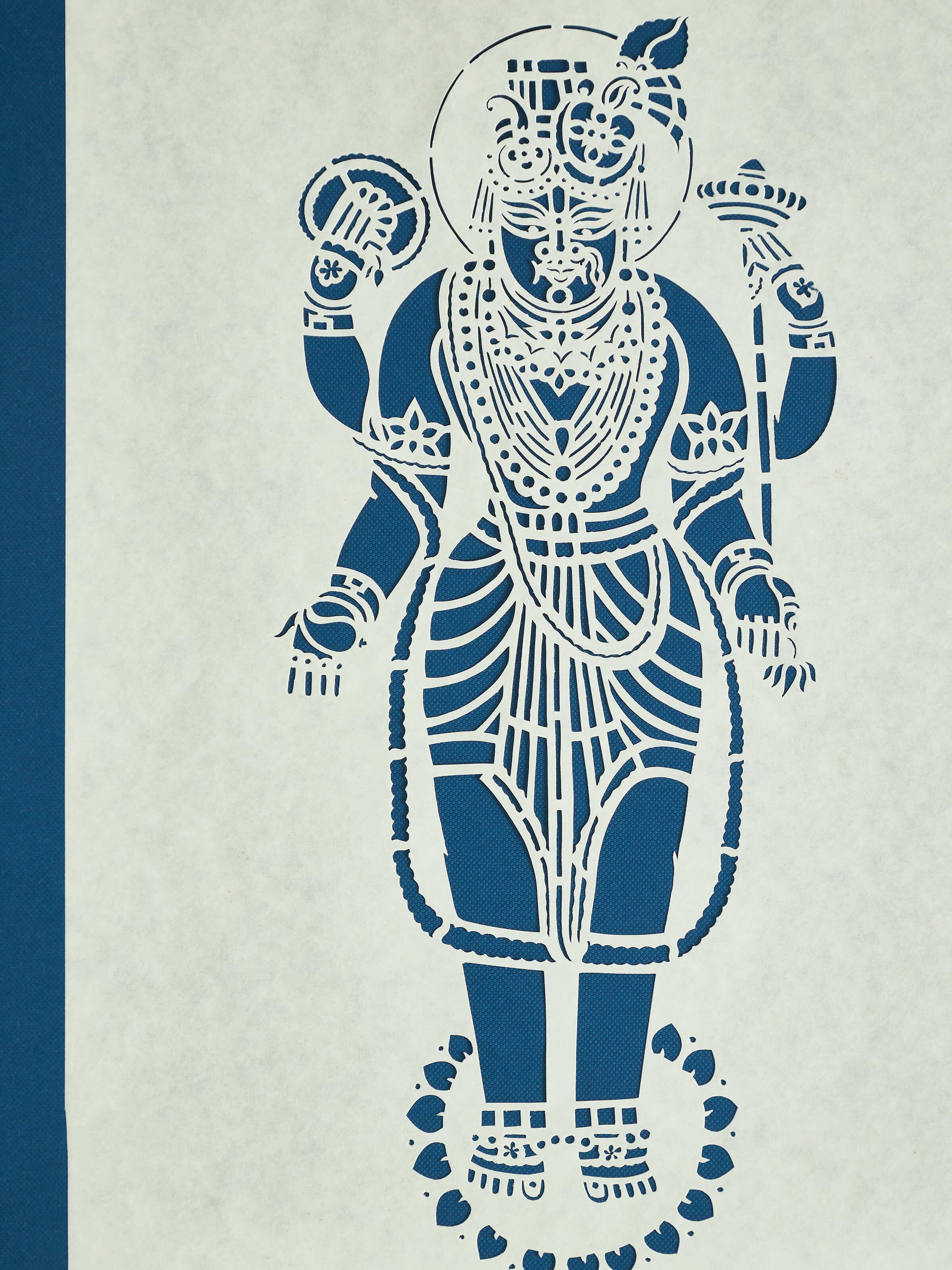 Detailed view of Sanjhi paper stencil Lord Vishnu Swaroop wall art, emphasizing the delicate stencil patterns and artistic details.