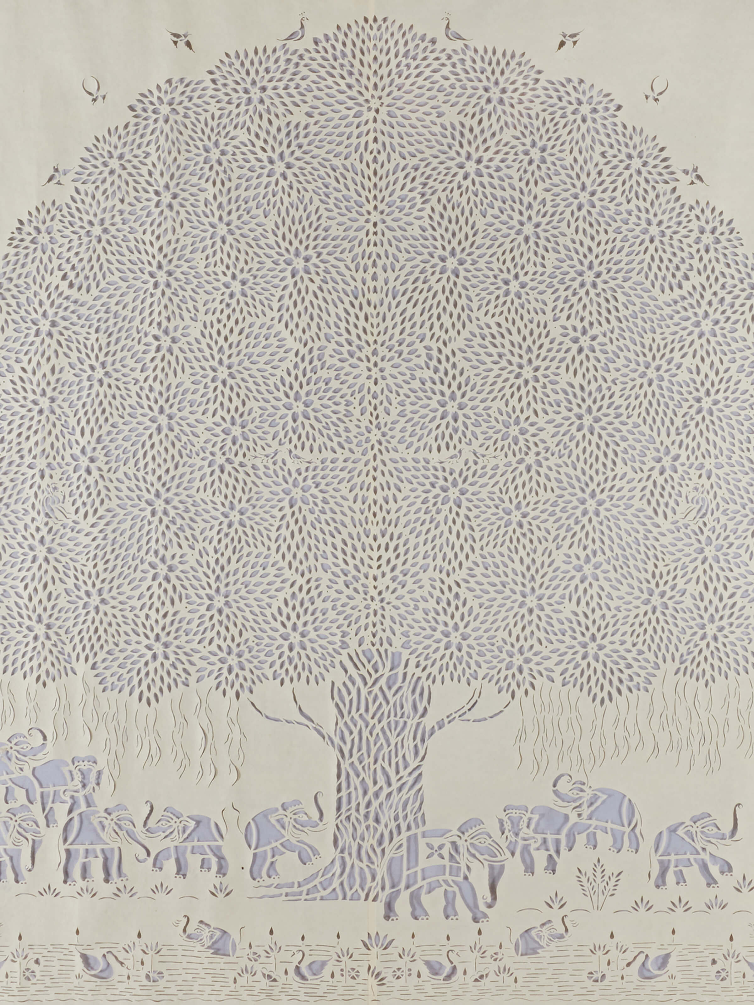 Close-up detail of Sanjhi Paper Stencil Elephants Under Banyan Tree Wall Art highlighting intricate stencil patterns.