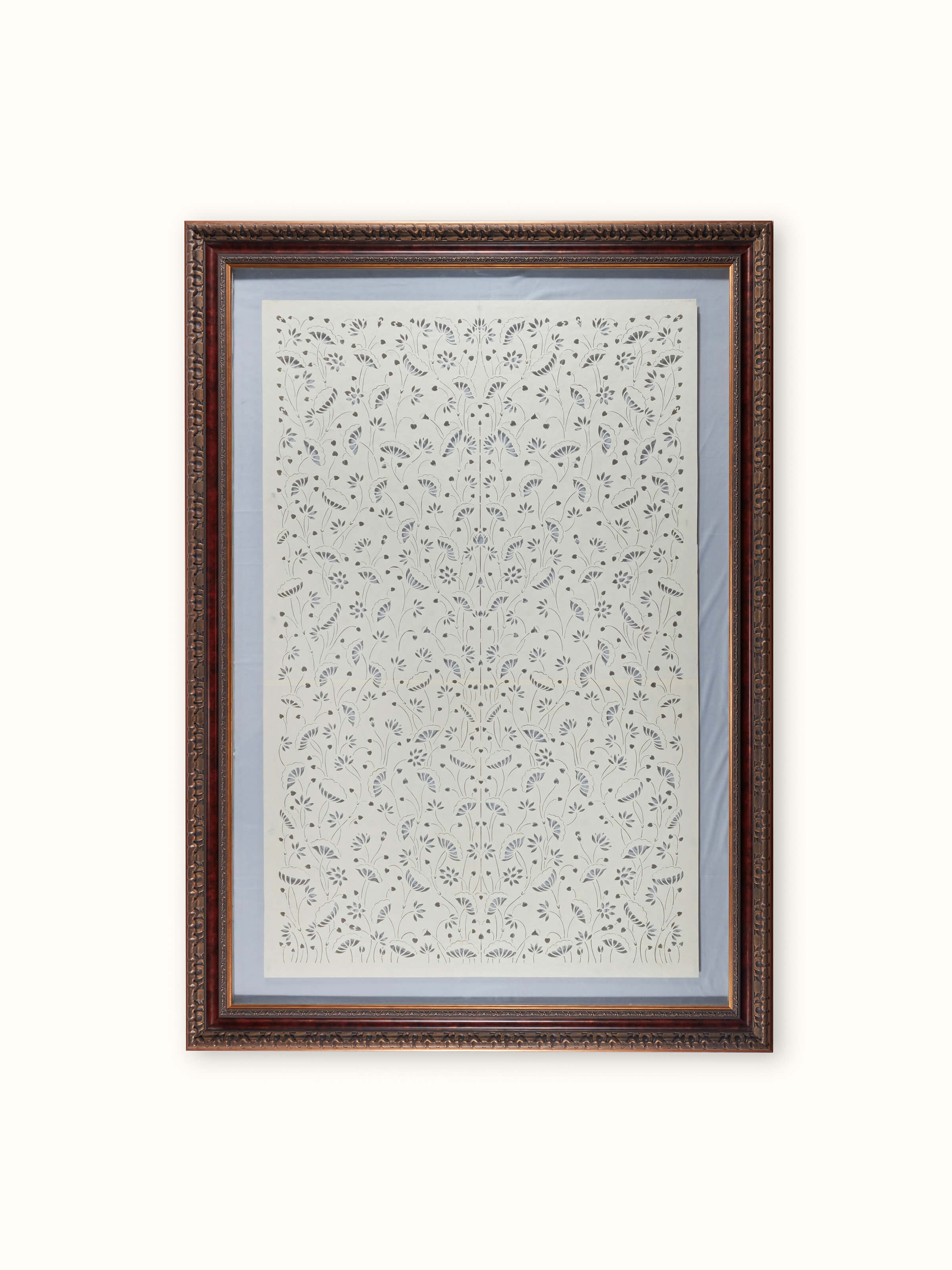 Front view of Sanjhi paper stencil kamal talai wall art displaying its intricate lotus design