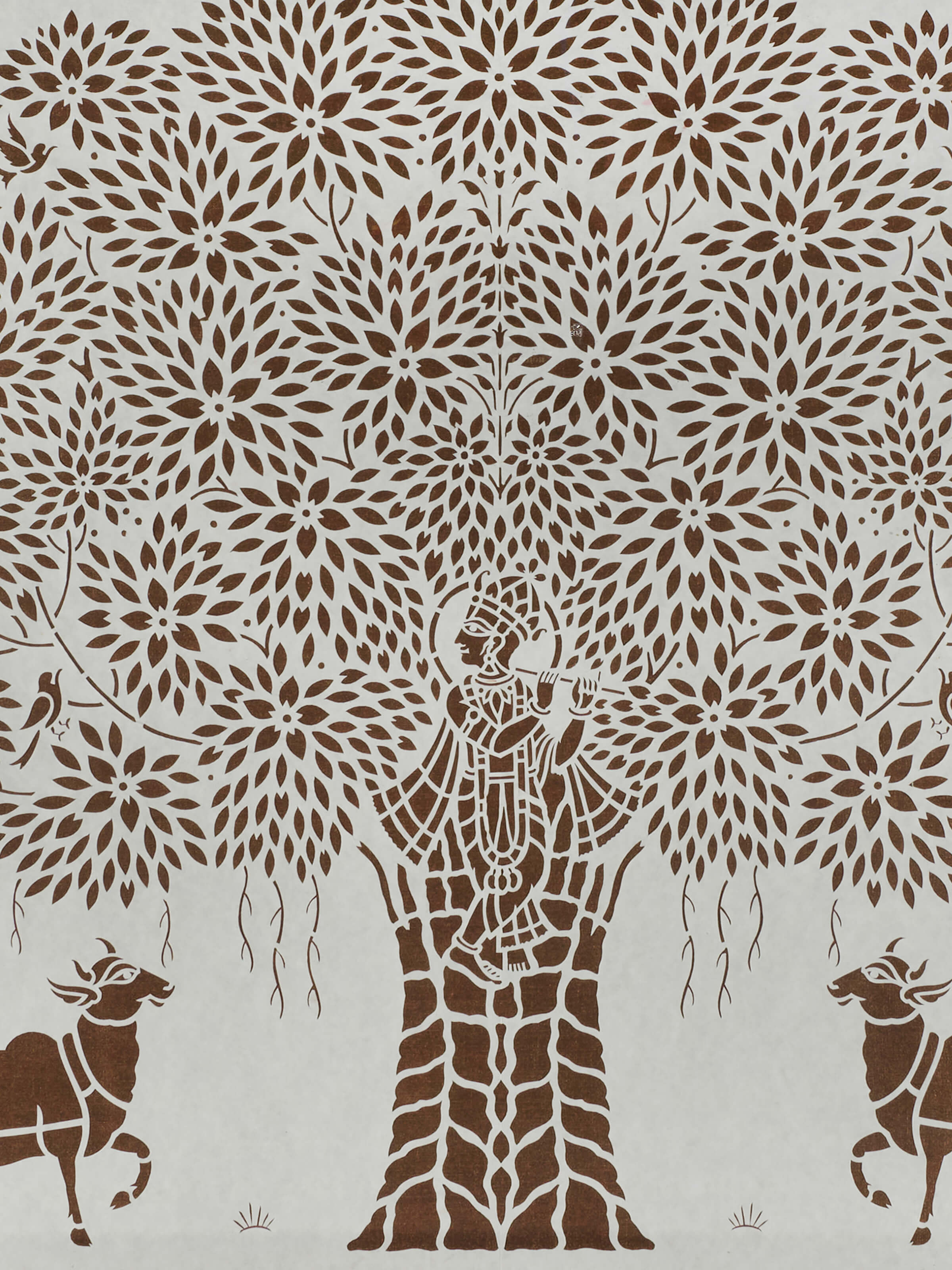 Detailed view of Sanjhi paper stencil wall art featuring Krishna tree and cows
