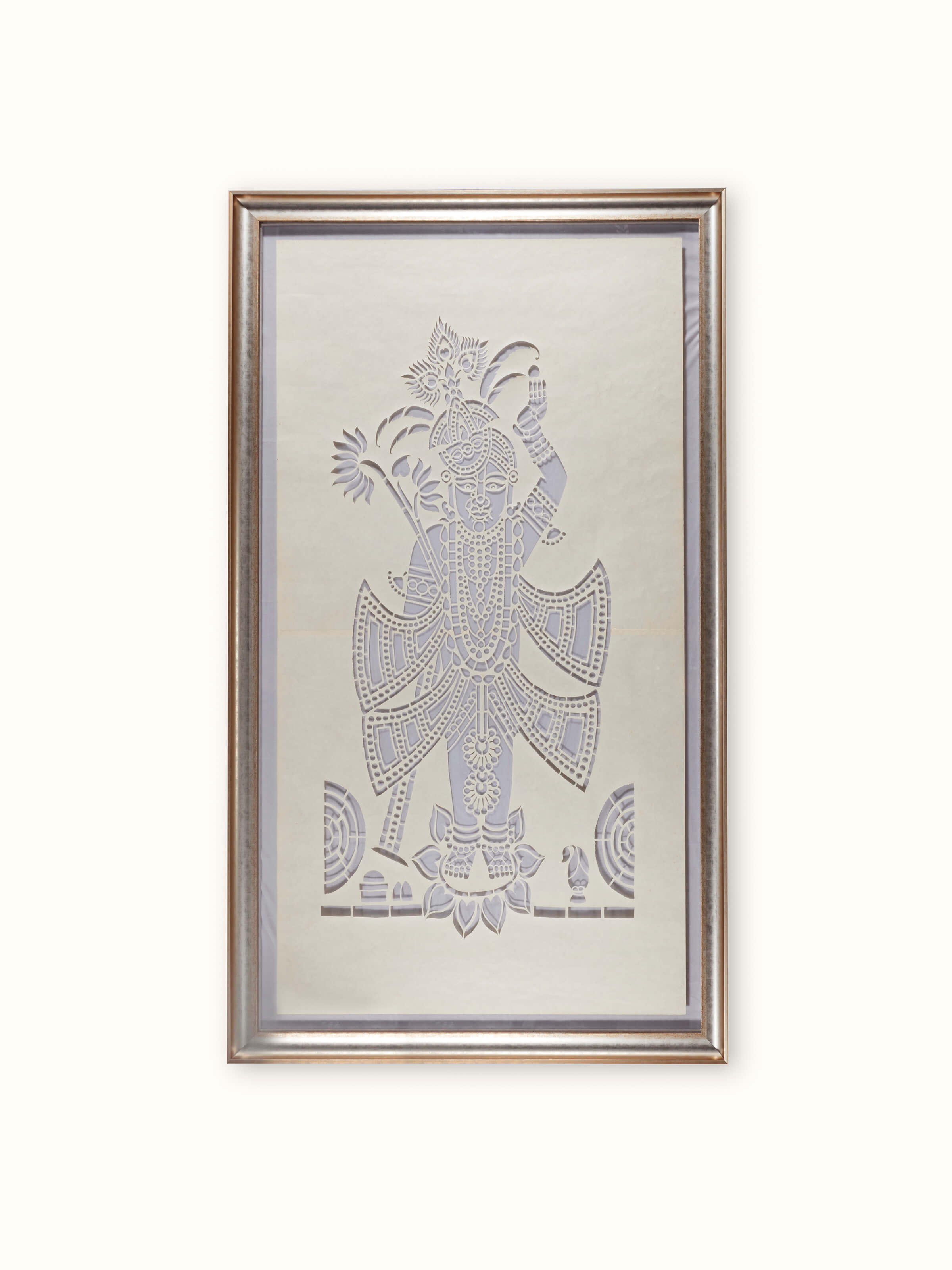 Front view of Sanjhi paper stencil wall art featuring Kamal Katsya Shringar of Shreenathji with intricate design