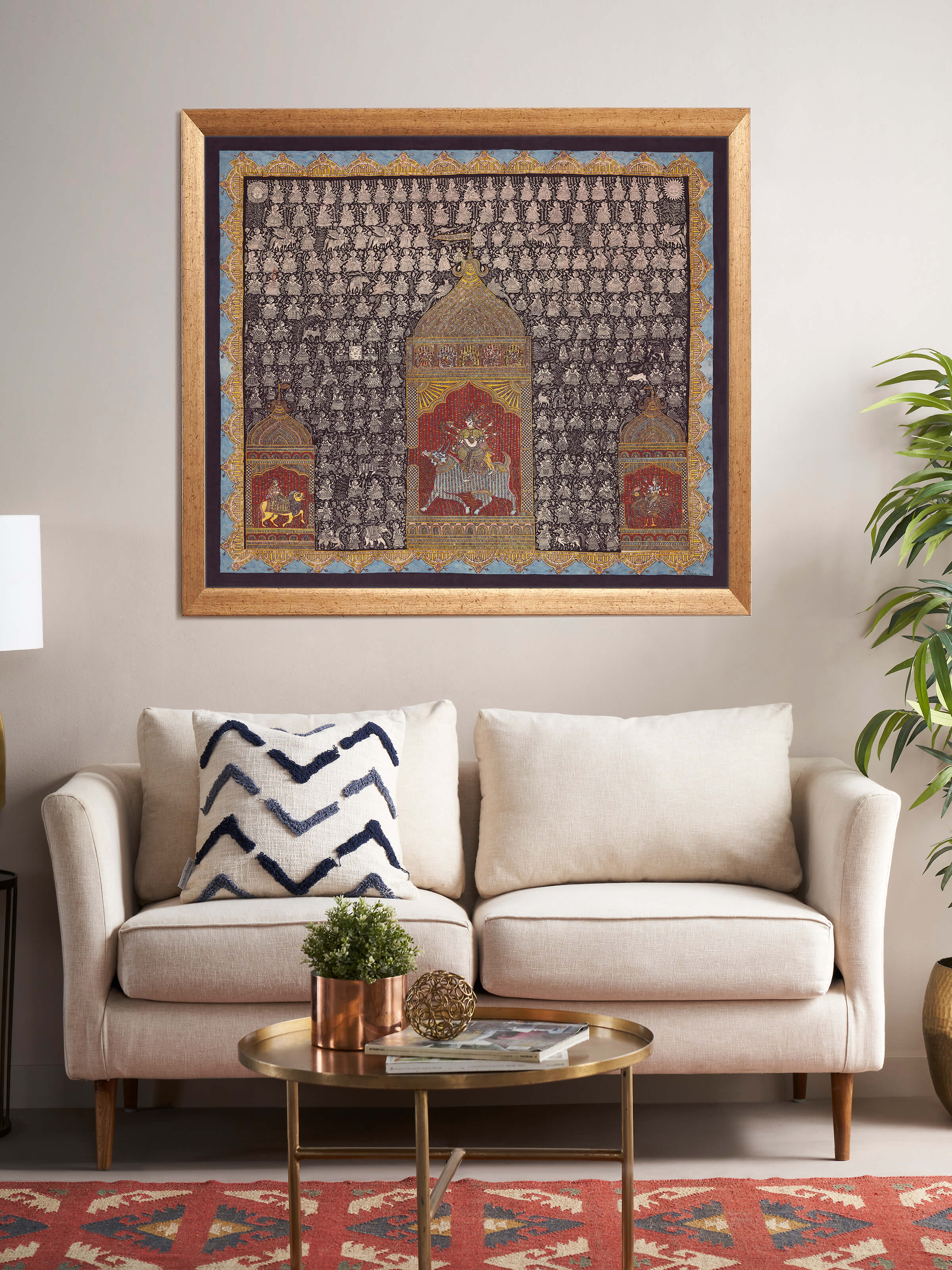 Side view of Mata ni Pachedi goddess worship artwork, emphasizing the intricate design and details.