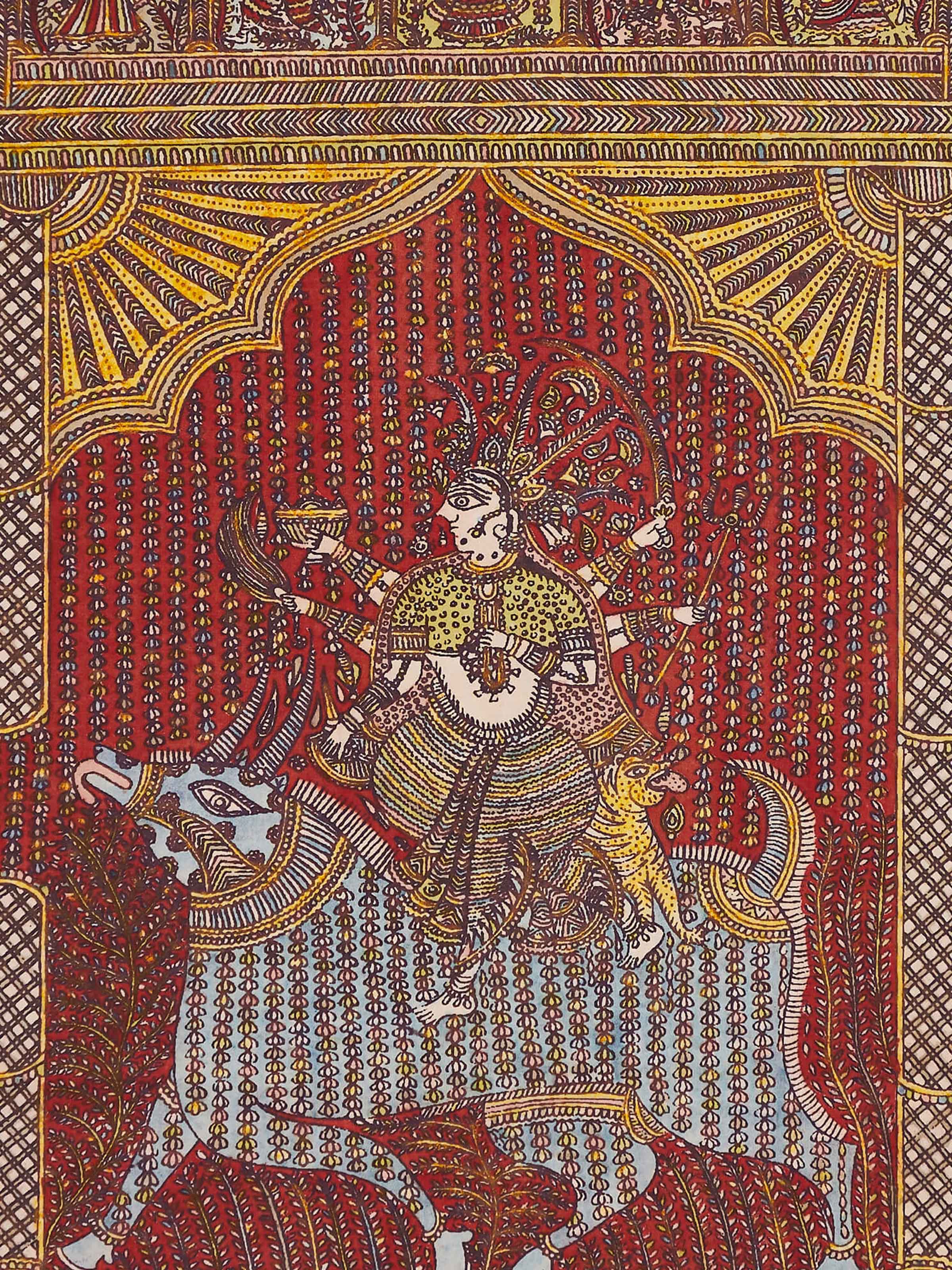 Detailed view of Mata ni Pachedi goddess worship artwork, focusing on traditional motifs and craftsmanship.