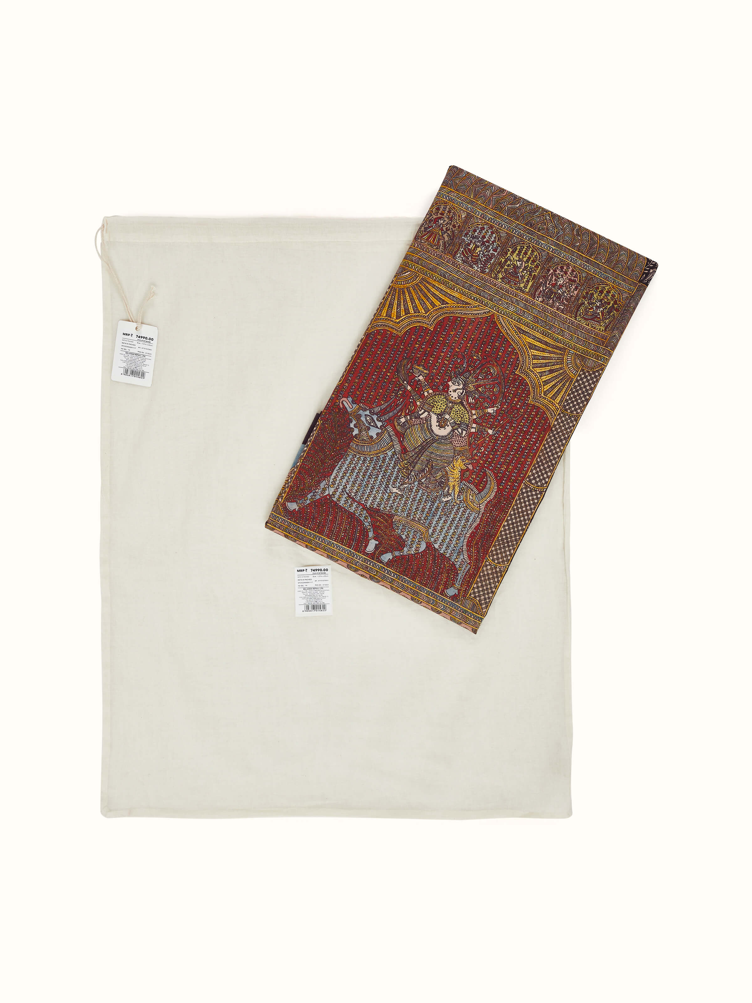 Close-up of Mata ni Pachedi goddess worship artwork, highlighting vibrant colors and sacred imagery.