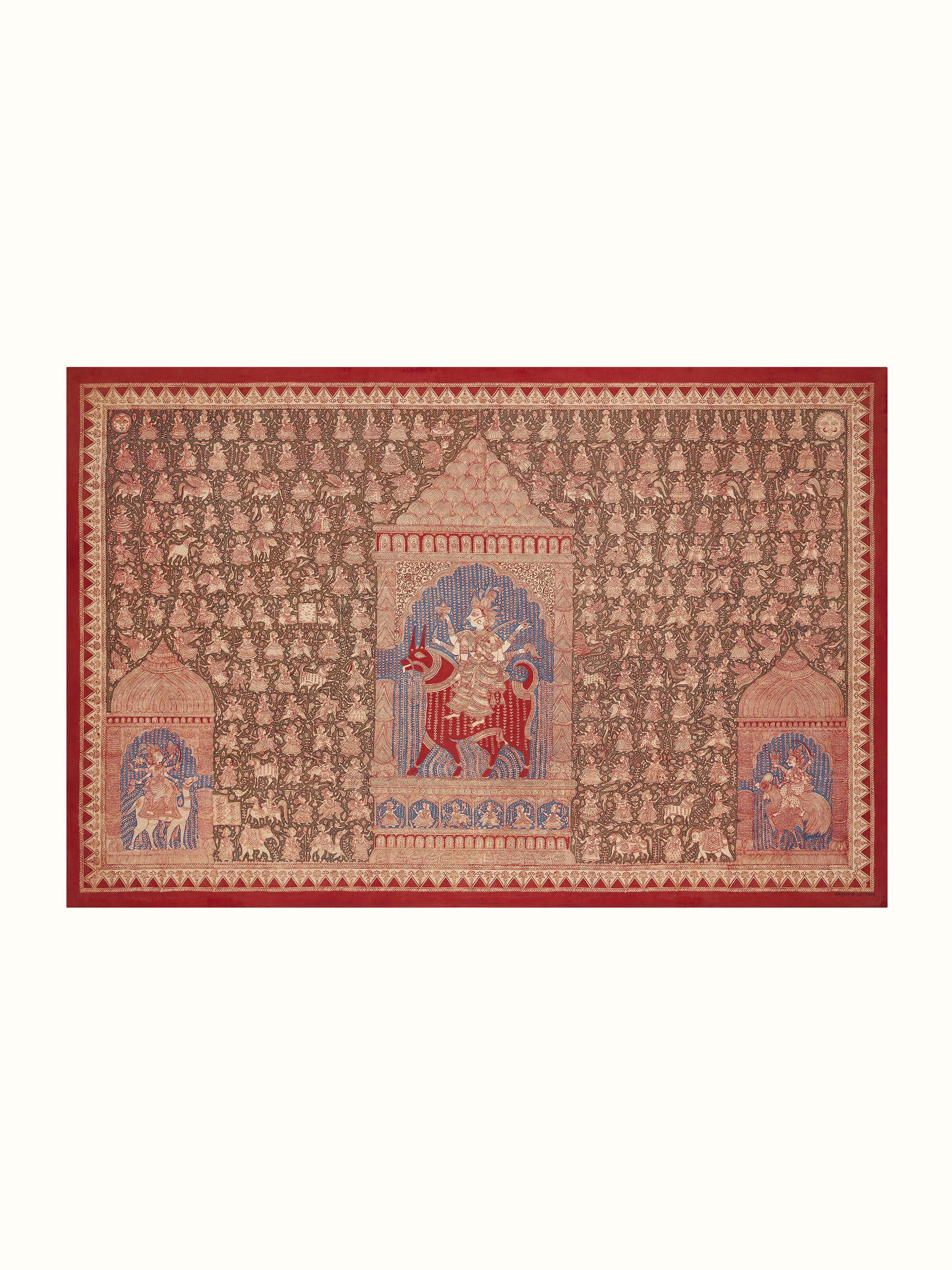 Front view of Mother Goddess & Worshippers Mata Ni Pachedi painting showcasing divine figures and intricate borders