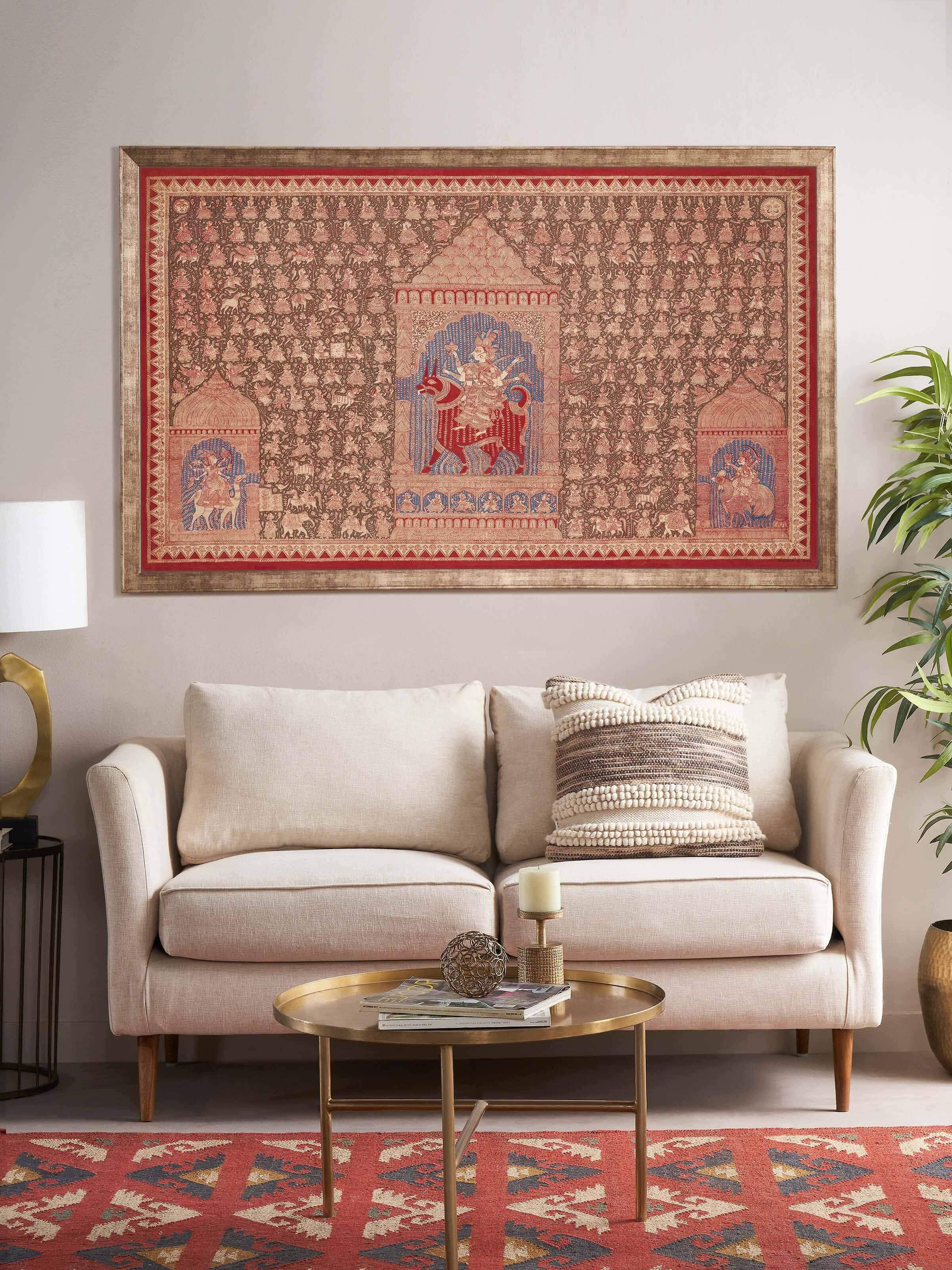 Side view of Mother Goddess & Worshippers Mata Ni Pachedi painting highlighting religious symbolism and intricate details